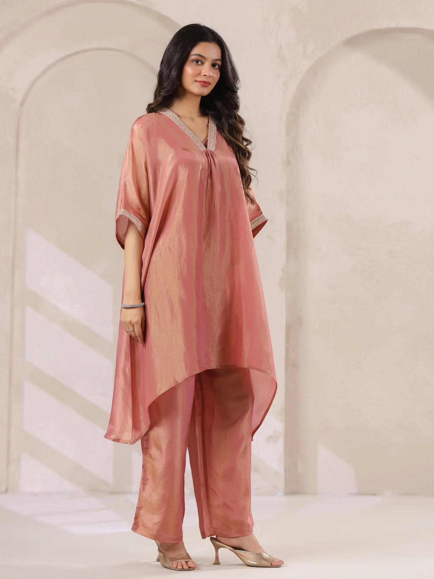 Rust Silk Blend Kaftan Co-ord Set with Embellished for Women - SanskrutiHomes