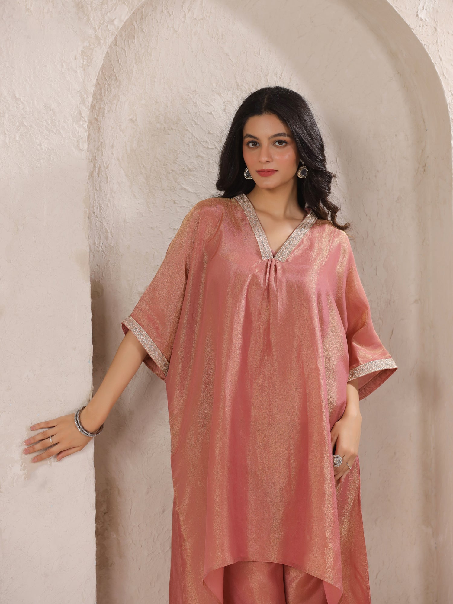 Rust Silk Blend Kaftan Co-ord Set with Embellished for Women