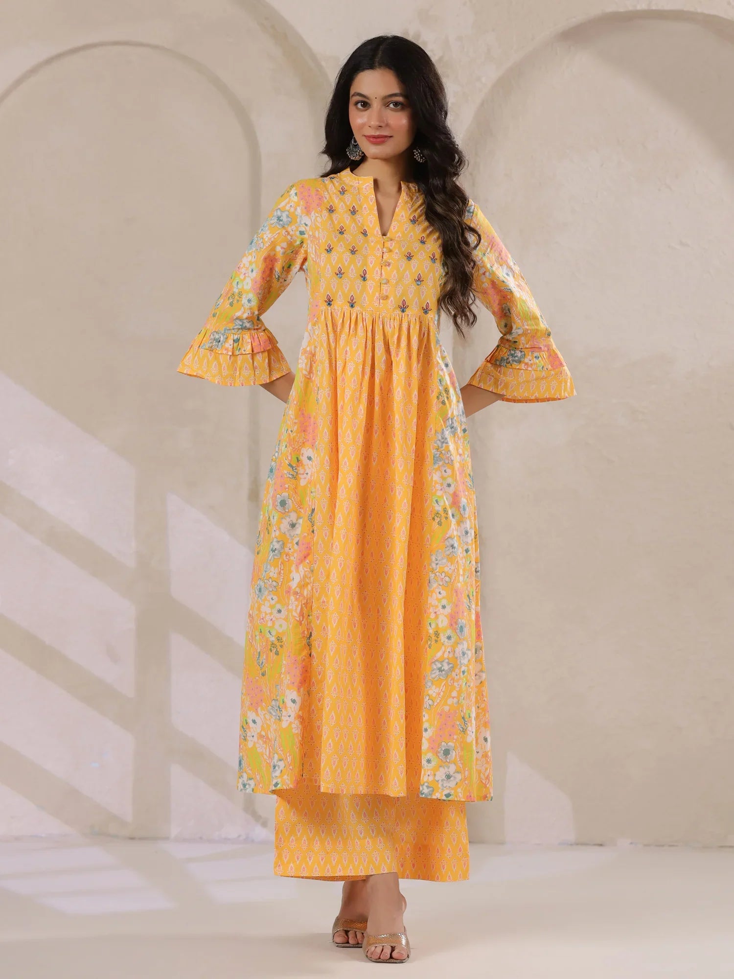 Yellow V-Neck Cotton Kurta with Floral Print and Palazzos for Women - SanskrutiHomes