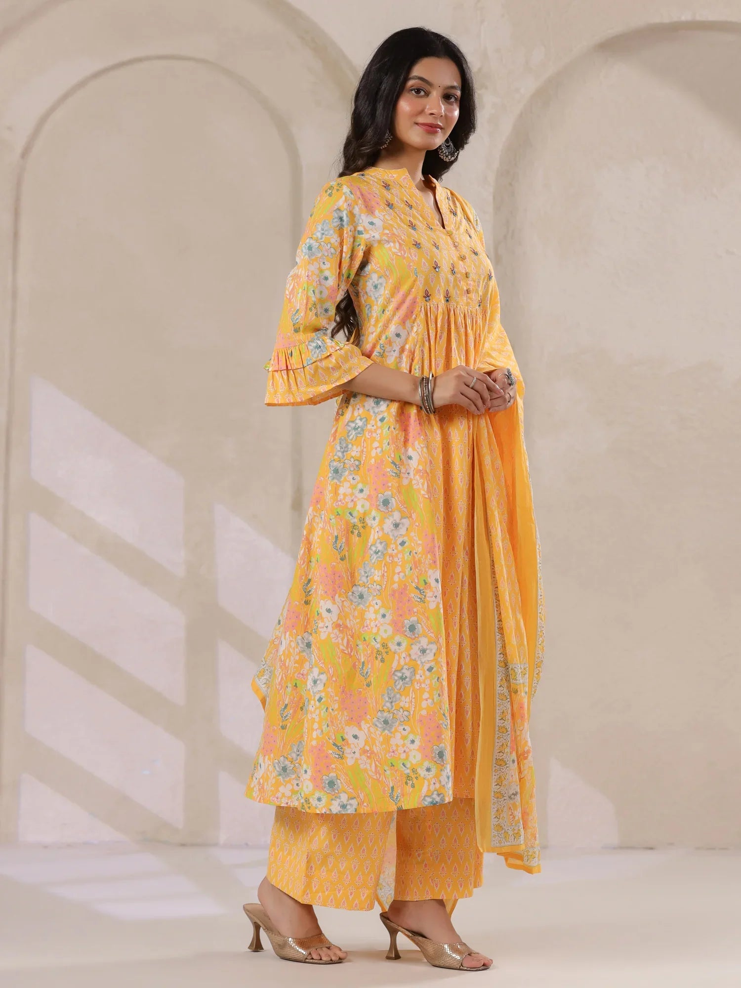 Yellow V-Neck Cotton Kurta with Floral Print and Palazzos for Women - SanskrutiHomes