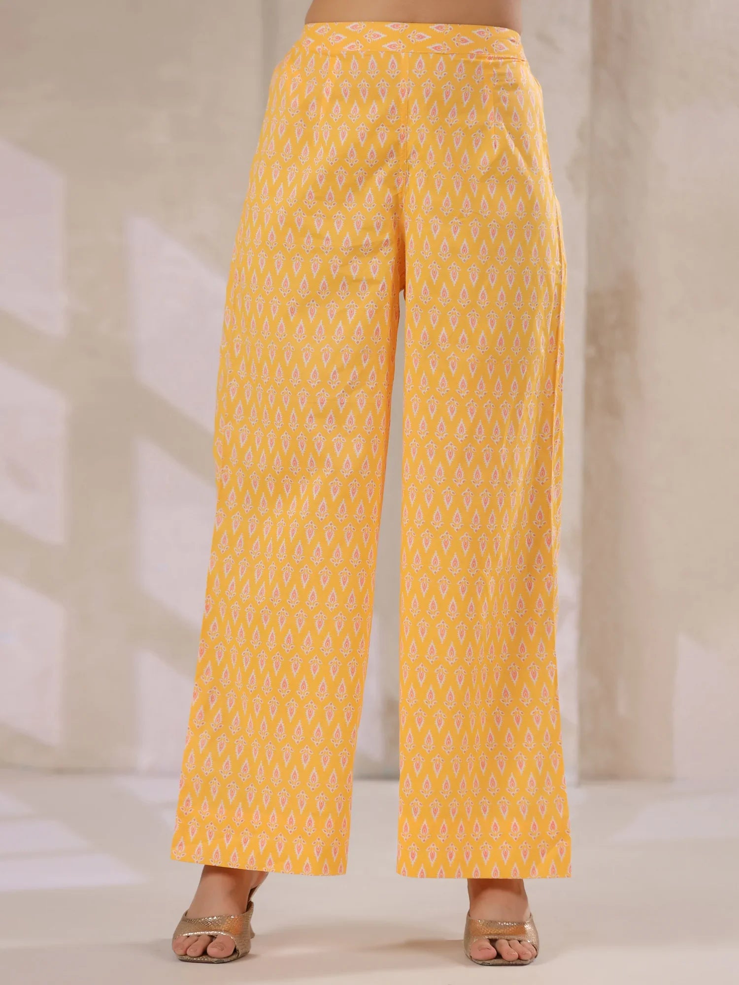 Yellow V-Neck Cotton Kurta with Floral Print and Palazzos for Women - SanskrutiHomes