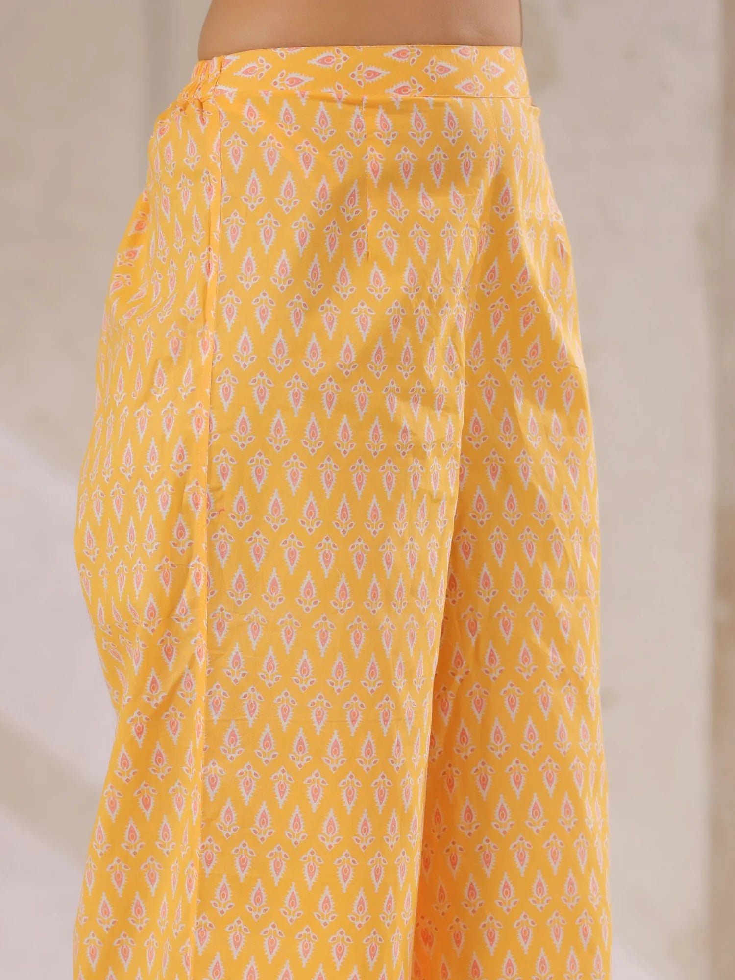 Yellow V-Neck Cotton Kurta with Floral Print and Palazzos for Women - SanskrutiHomes