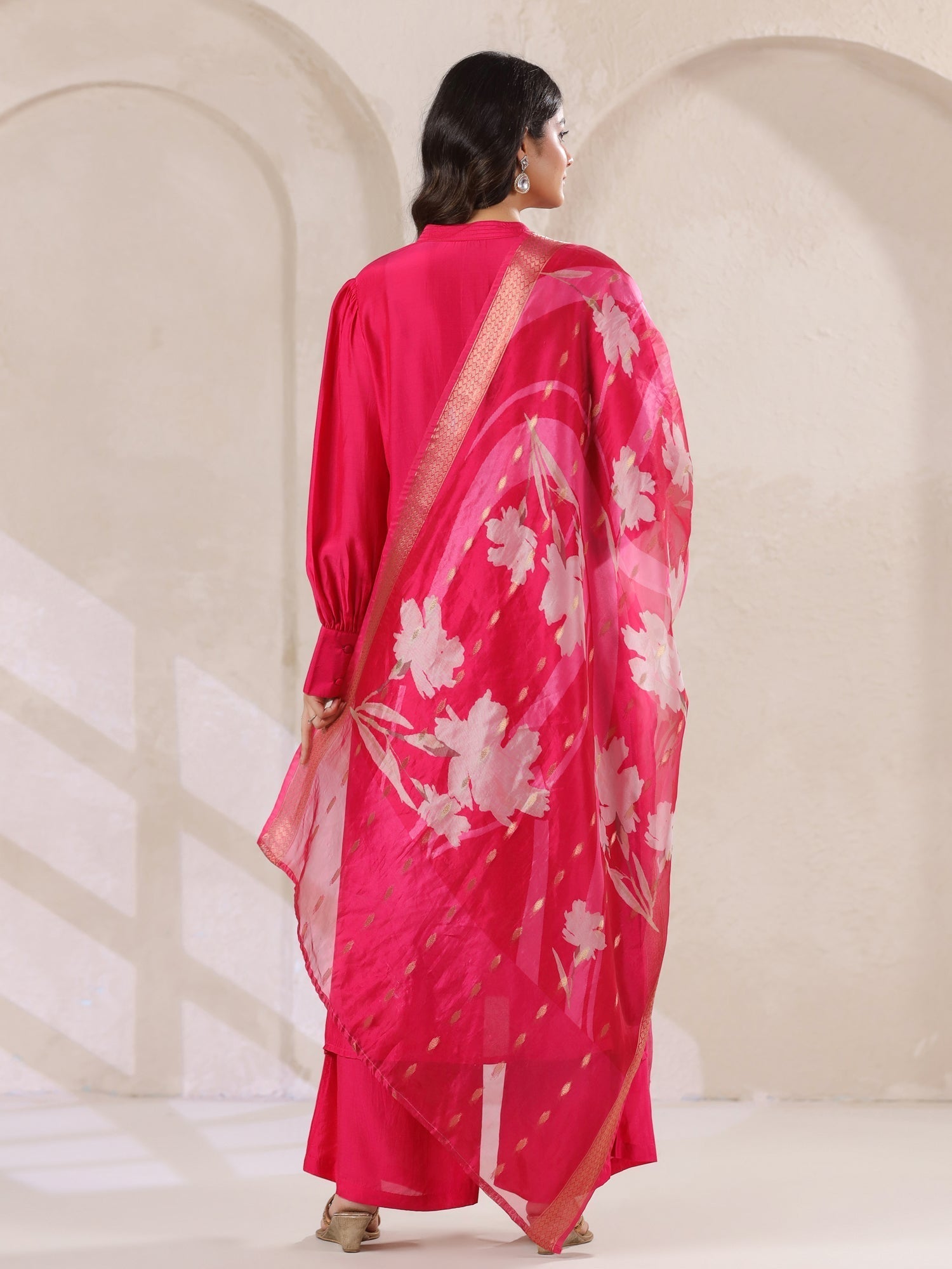 Pink Straight Kurta With Palazzo Pants And Printed Dupatta