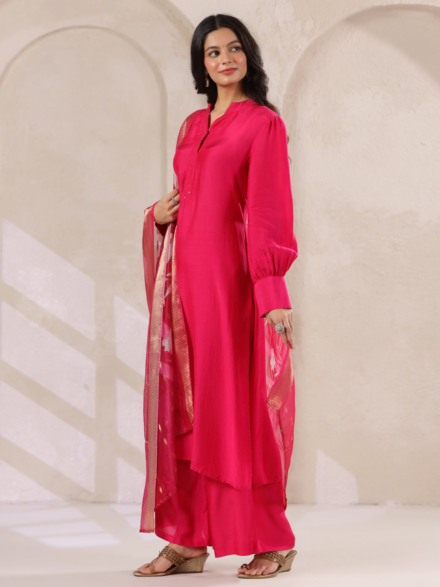 Pink Straight Kurta With Palazzo Pants And Printed Dupatta