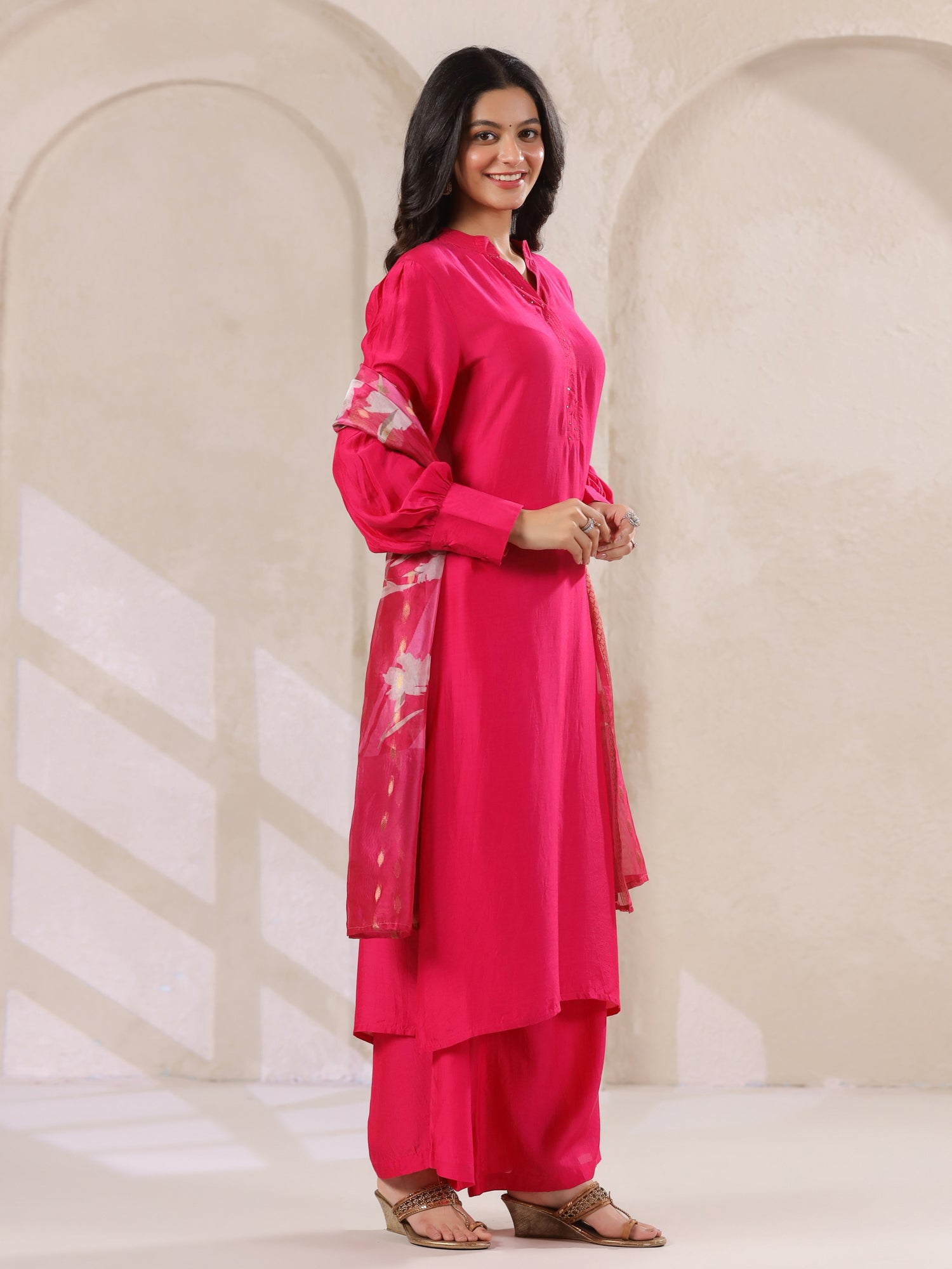 Pink Straight Kurta With Palazzo Pants And Printed Dupatta