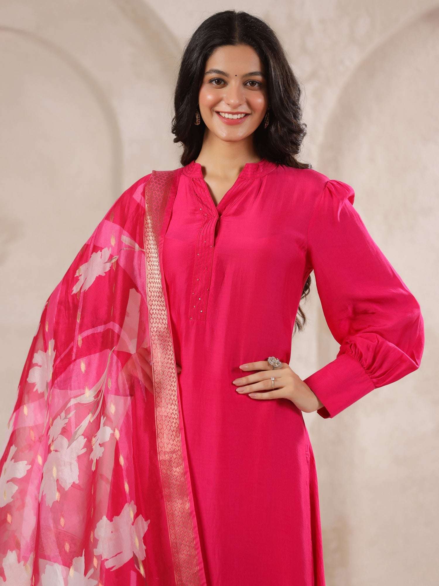 Pink Straight Kurta With Palazzo Pants And Printed Dupatta