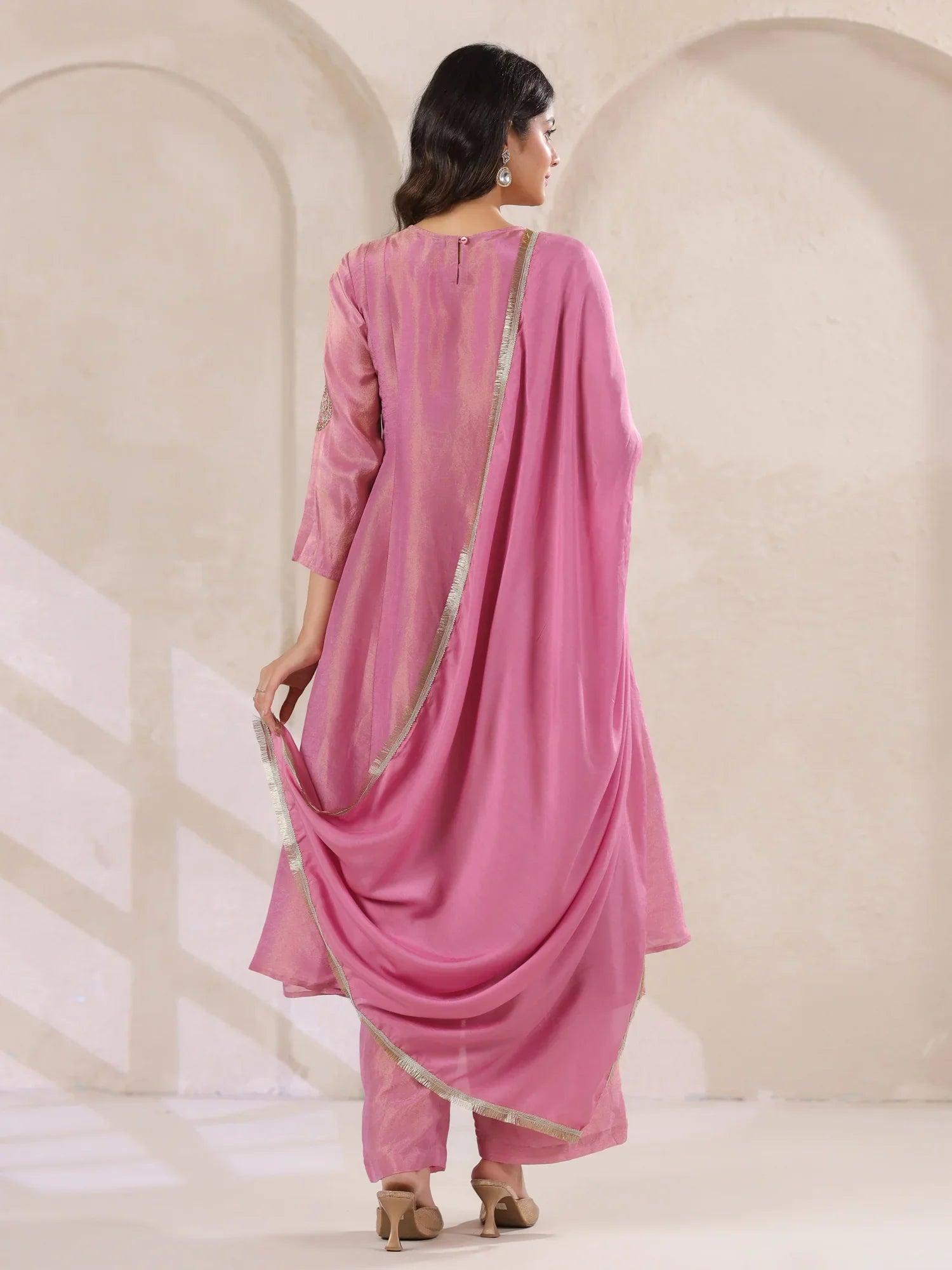 Pink Tissue Round Neck Kurta Set with Embroidered for Women - SanskrutiHomes