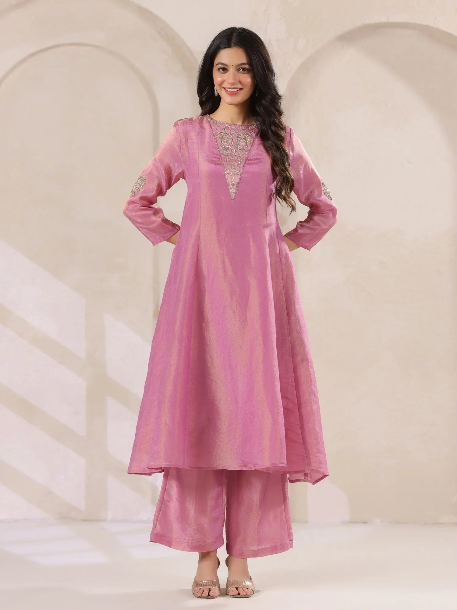 Pink Tissue Round Neck Kurta Set with Embroidered for Women - SanskrutiHomes