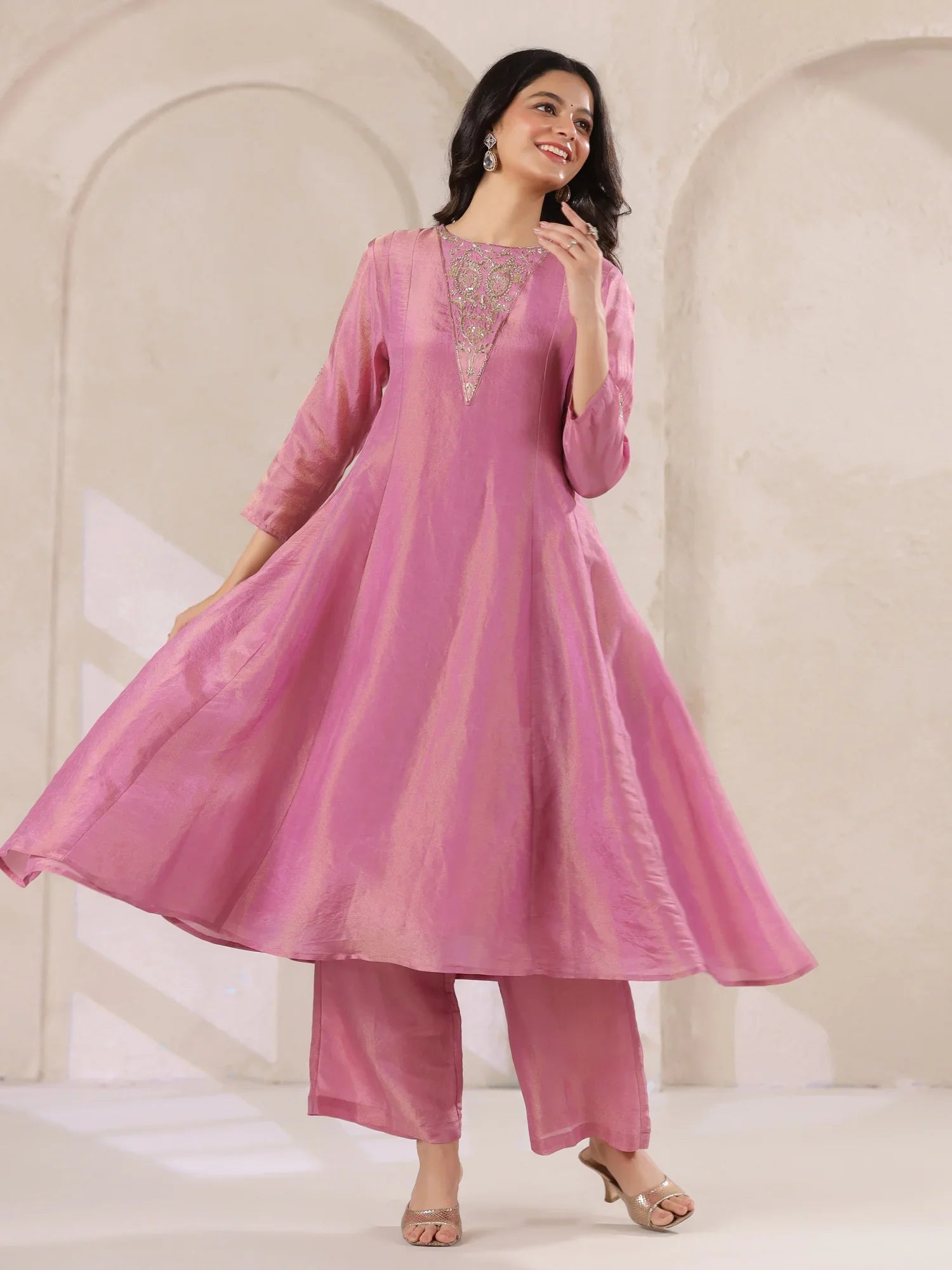 Pink Tissue Round Neck Kurta Set with Embroidered for Women - SanskrutiHomes