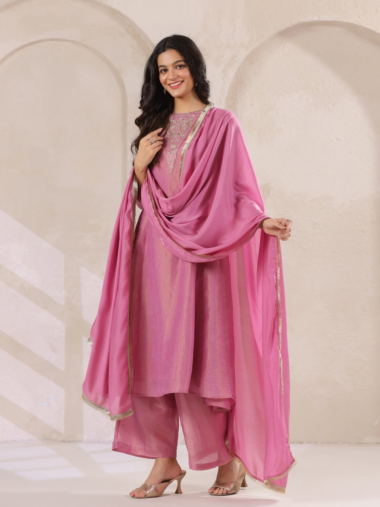 Pink Tissue Round Neck Kurta Set with Embroidered for Women