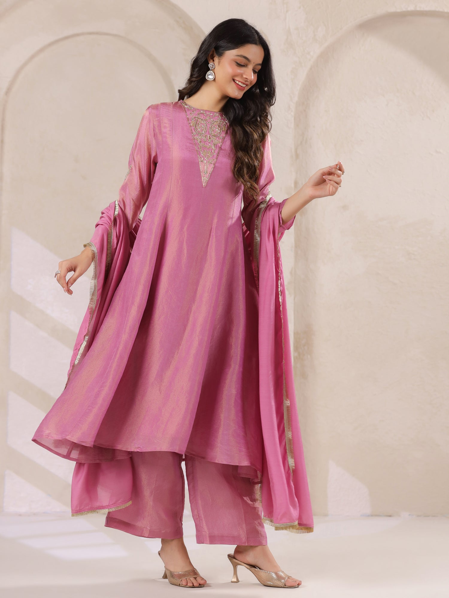 Pink Tissue Round Neck Kurta Set with Embroidered for Women