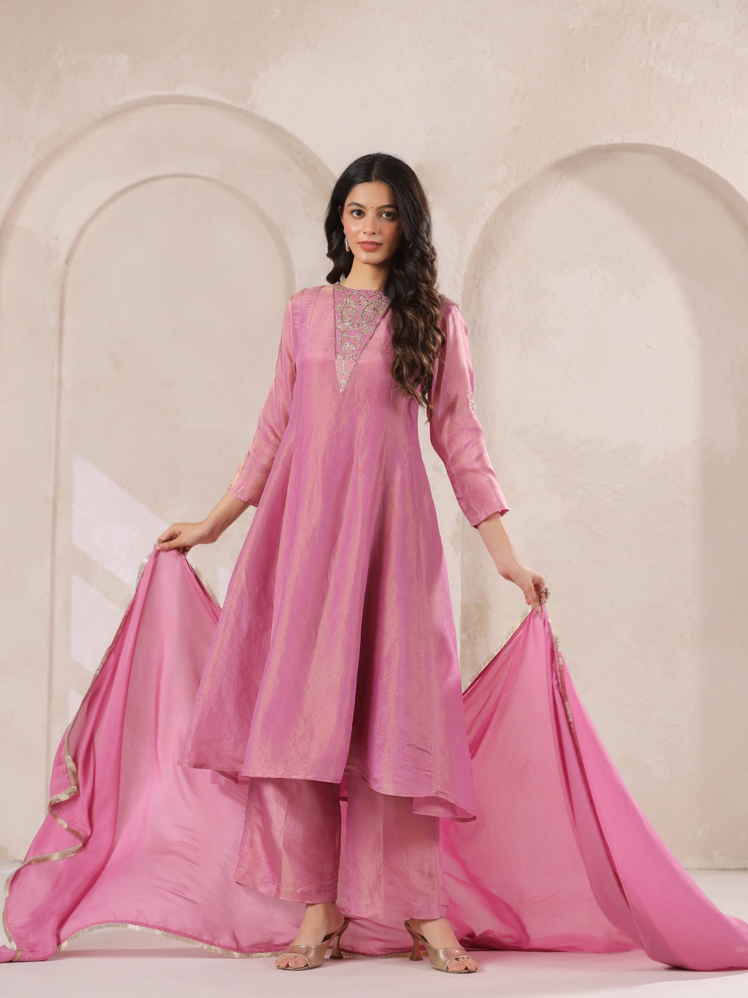 Pink Tissue Round Neck Kurta Set with Embroidered for Women