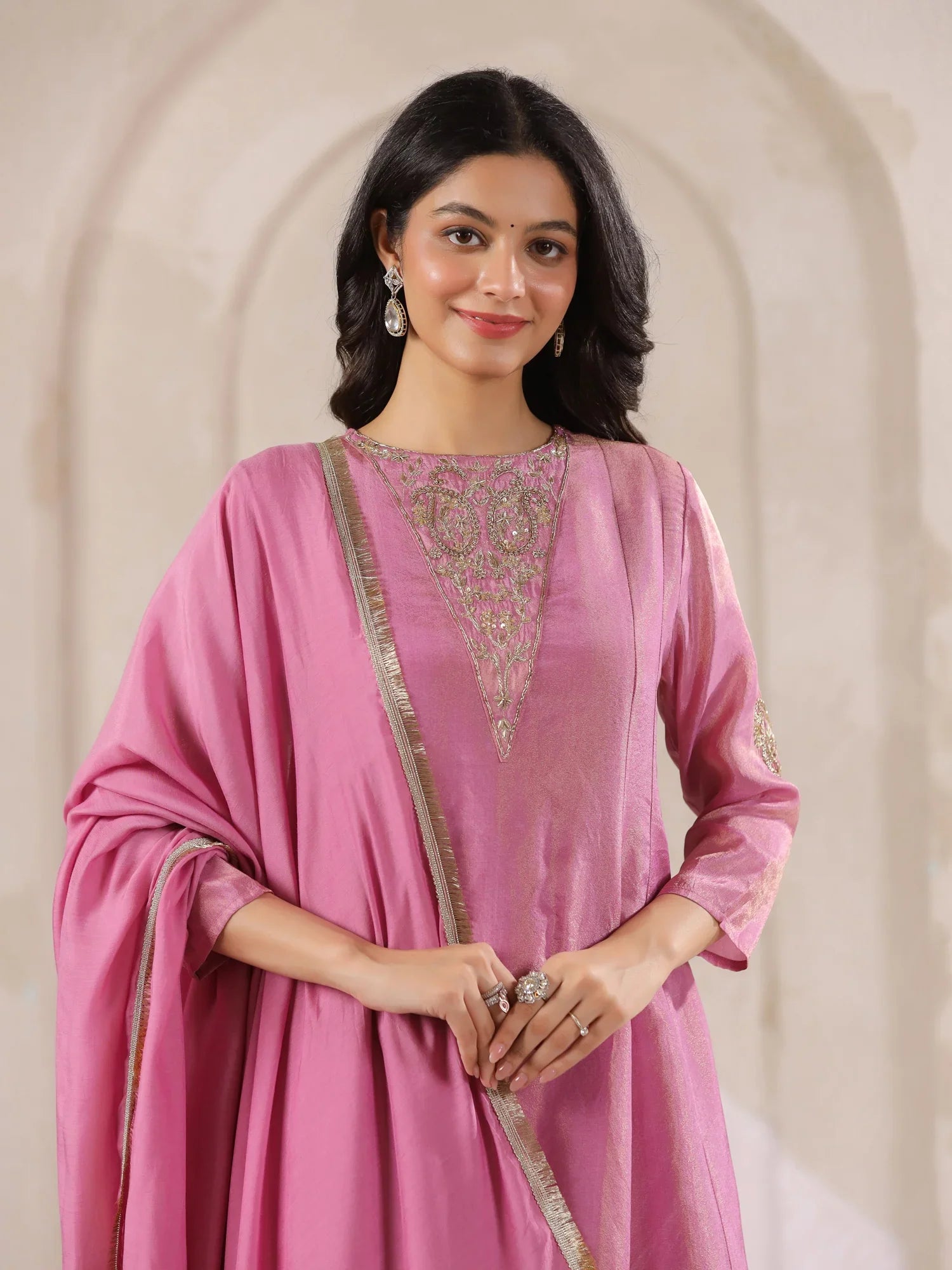 Pink Tissue Round Neck Kurta Set with Embroidered for Women - SanskrutiHomes
