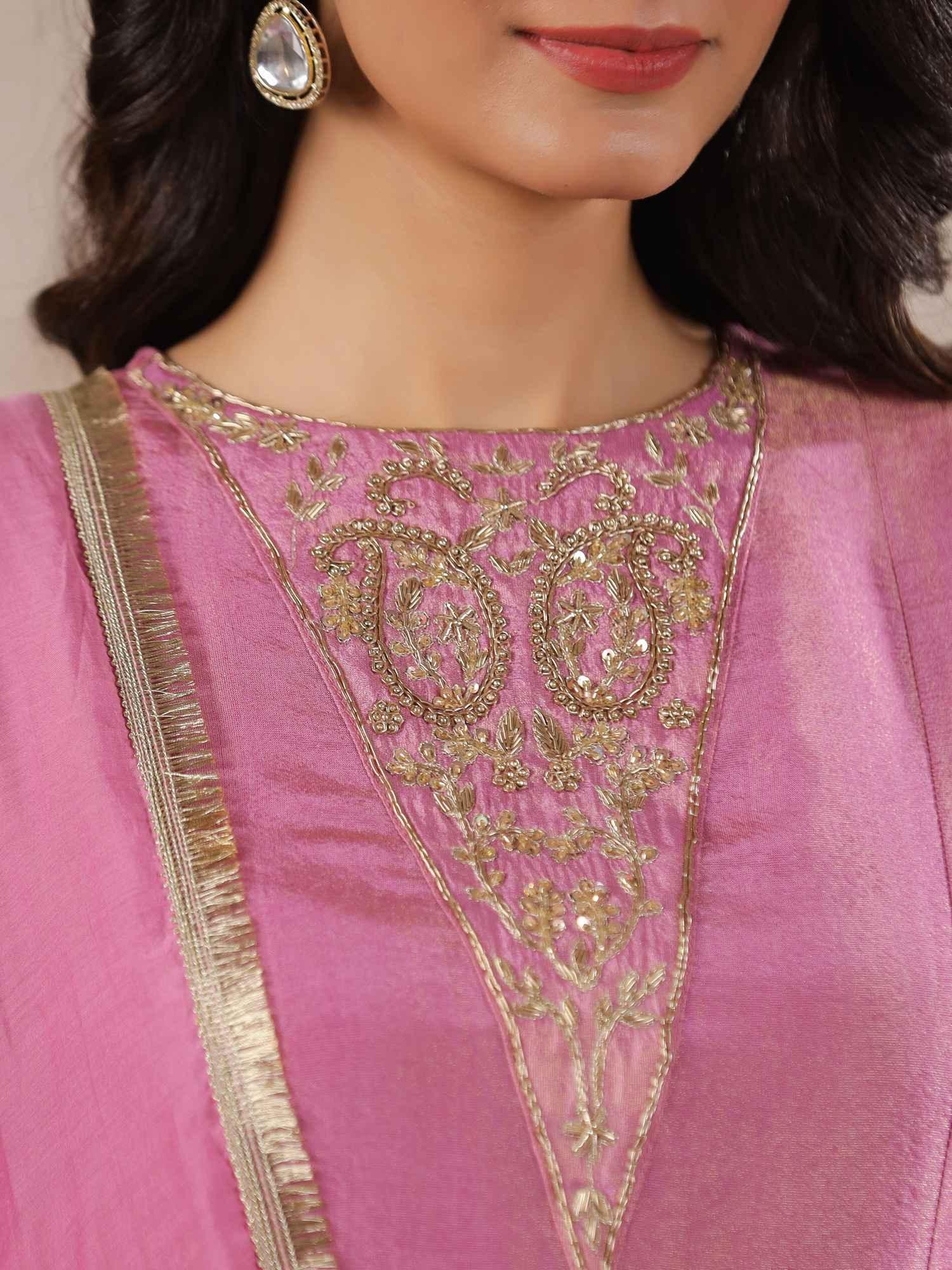 Pink Tissue Round Neck Kurta Set with Embroidered for Women - SanskrutiHomes