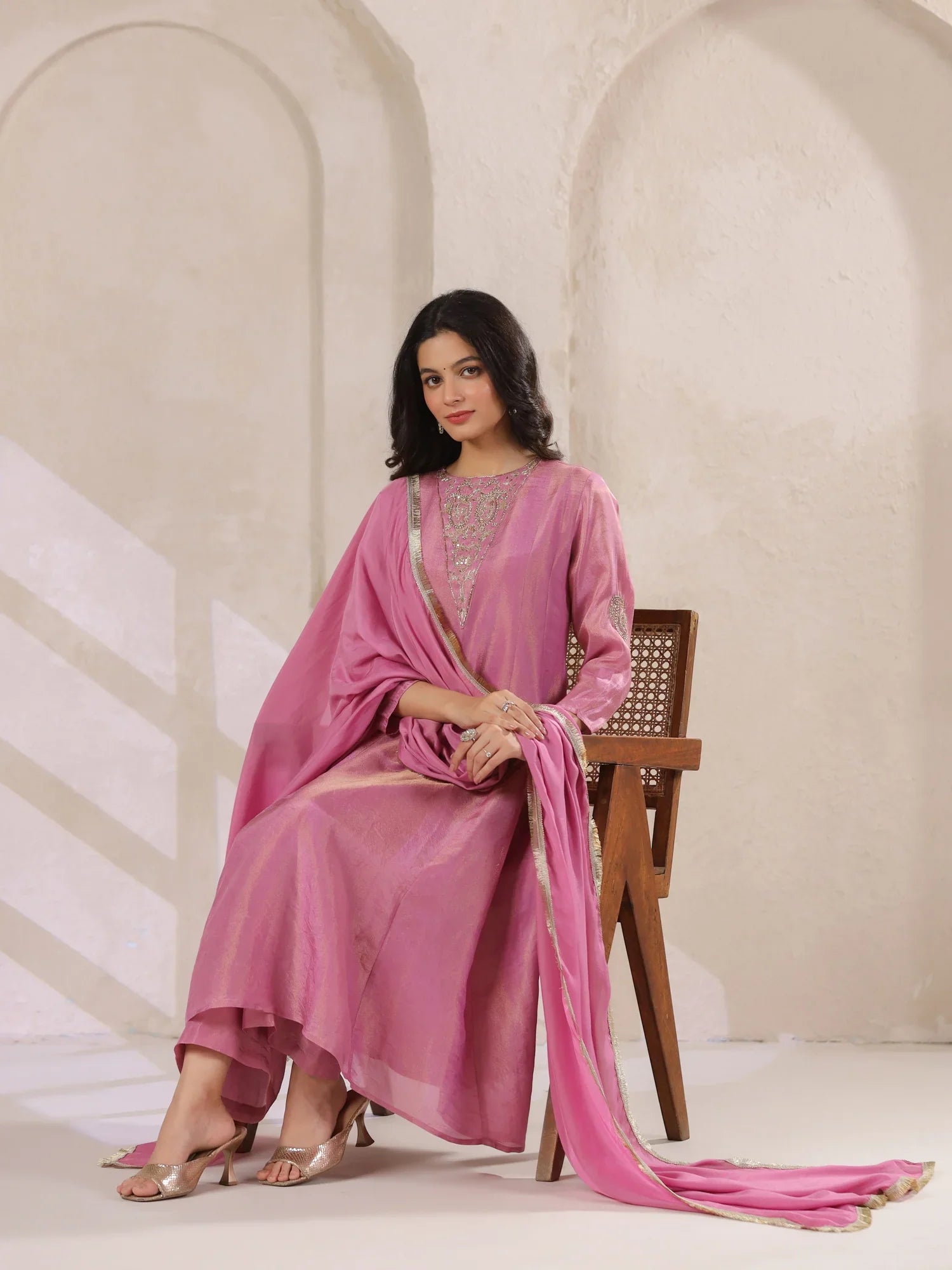 Pink Tissue Round Neck Kurta Set with Embroidered for Women - SanskrutiHomes