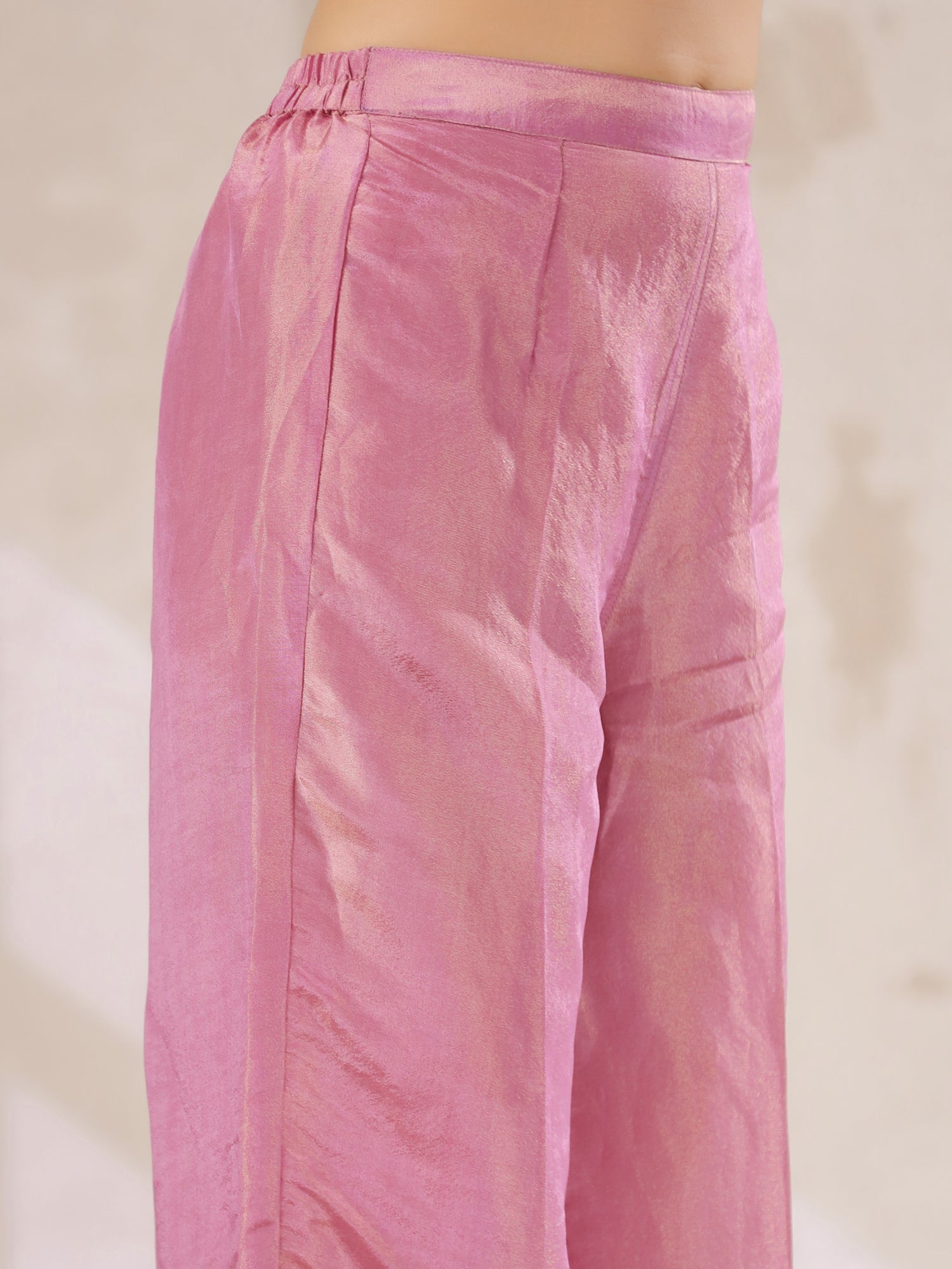 Pink Tissue Round Neck Kurta Set with Embroidered for Women