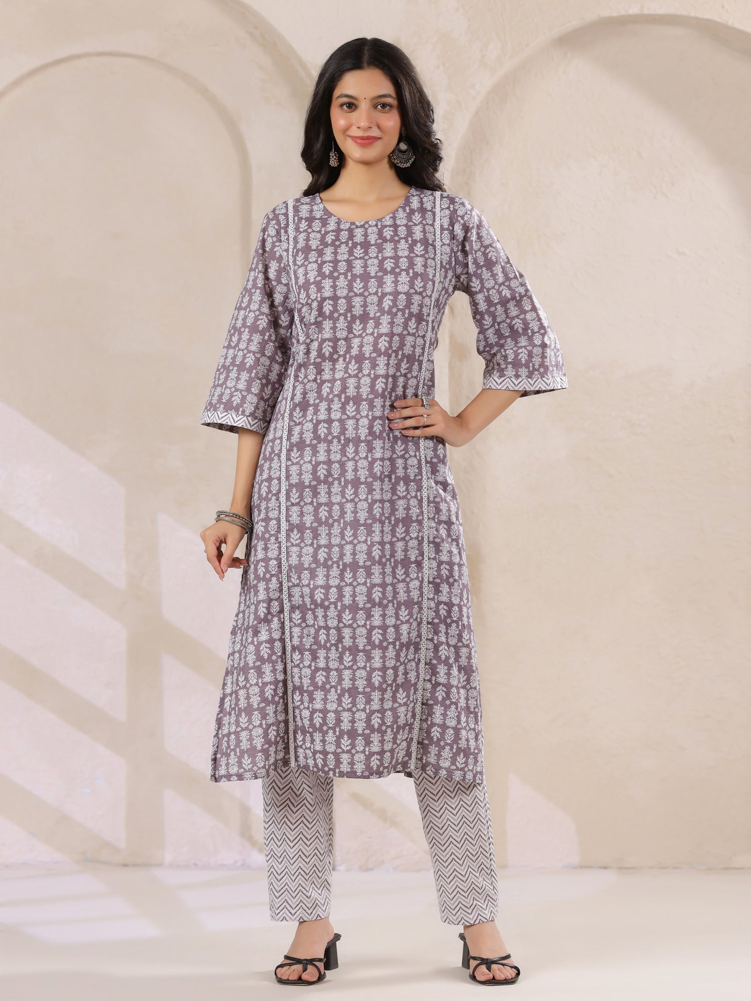 Grey Flower Printed Round Neck Cotton Kurta Set With Dupatta - SanskrutiHomes