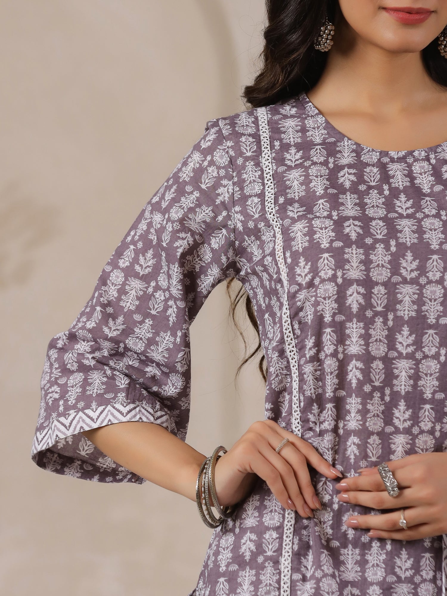 Grey Flower Printed Round Neck Cotton Kurta Set With Dupatta - SanskrutiHomes