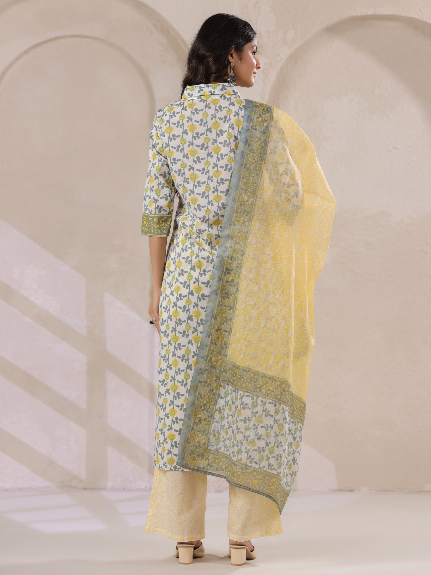 Off White Cotton Kurta Set Yellow Flower Printed With Dupatta - SanskrutiHomes