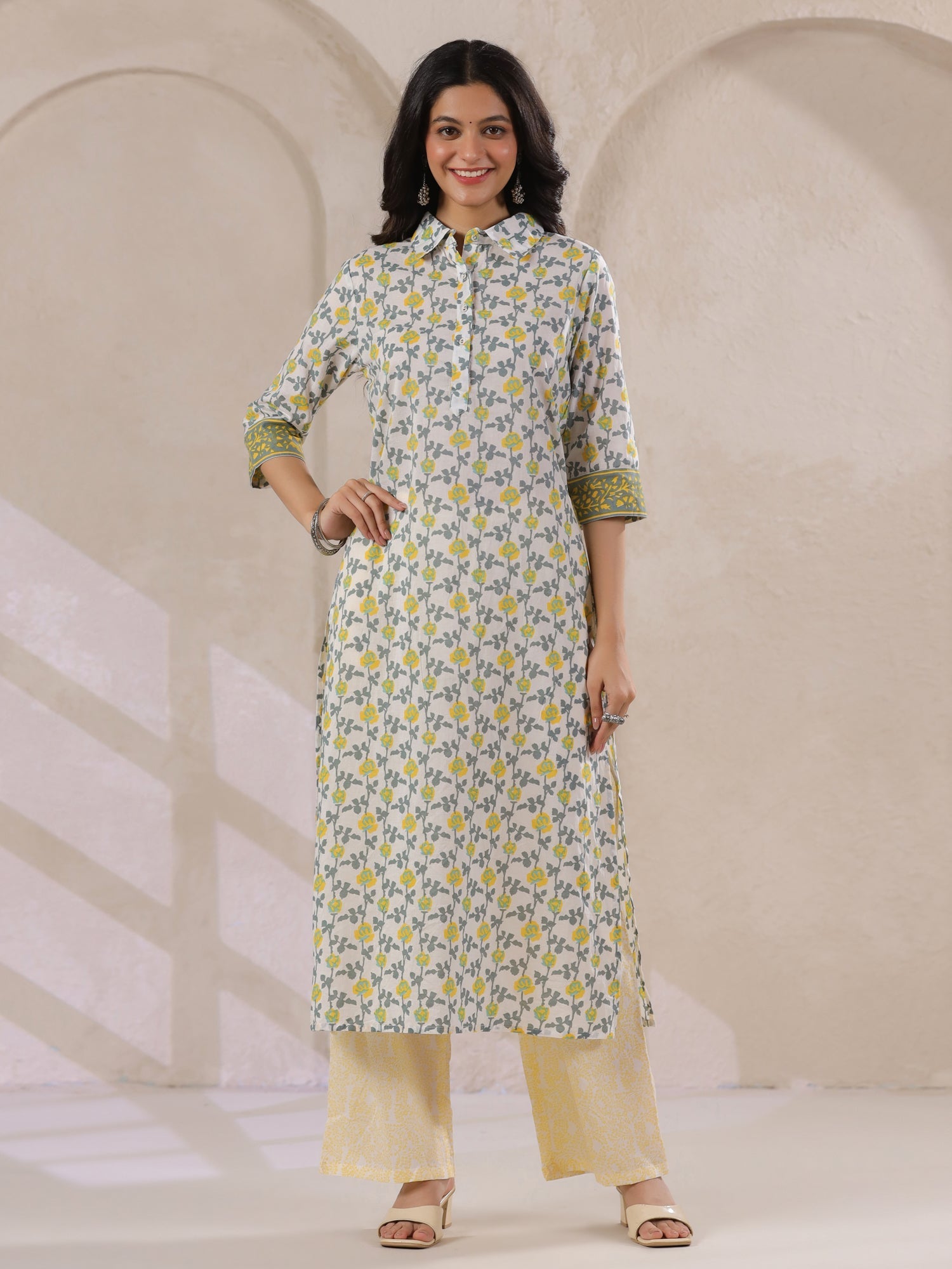 Off White Cotton Kurta Set Yellow Flower Printed With Dupatta - SanskrutiHomes