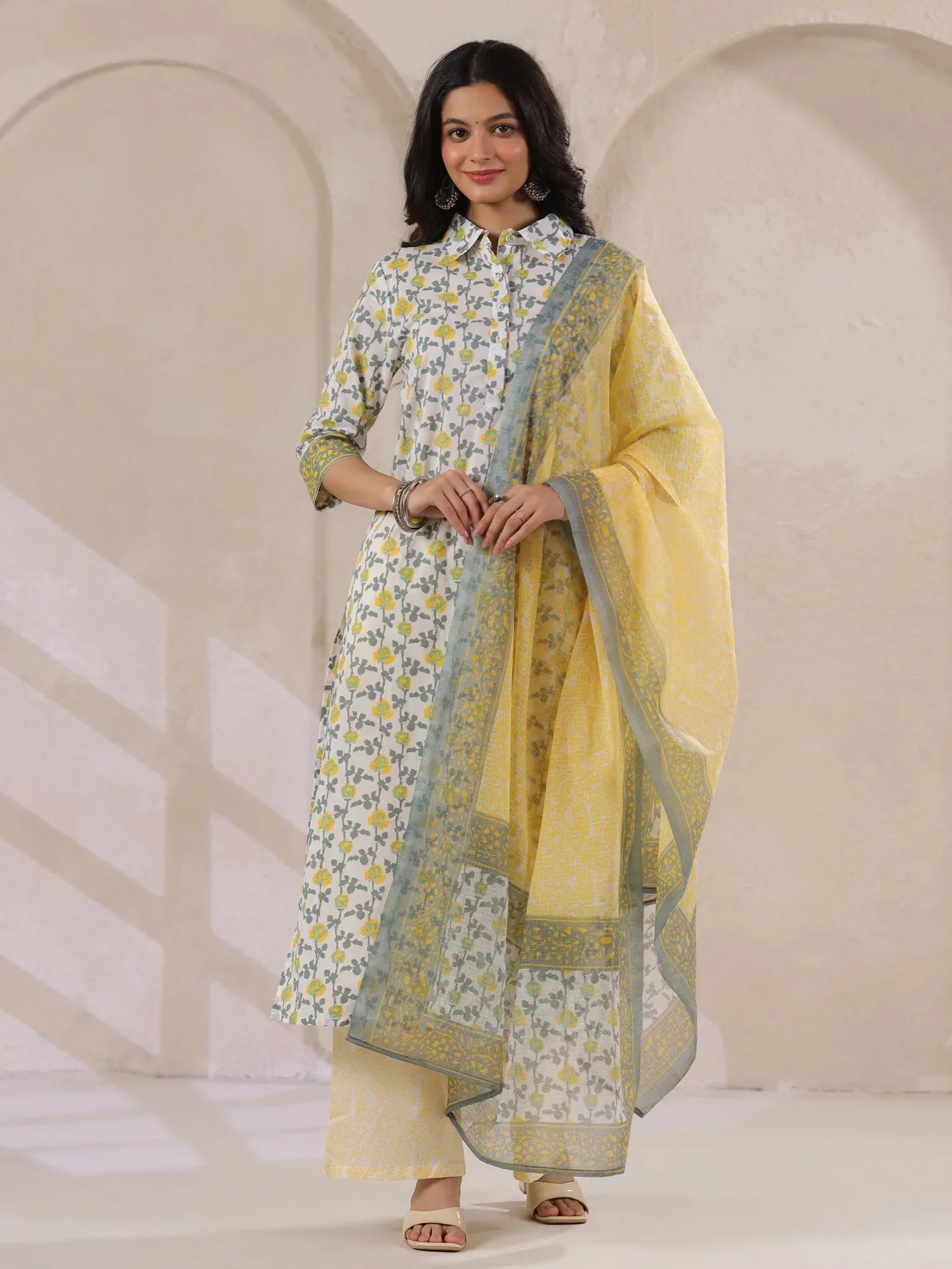 Off White Cotton Kurta Set Yellow Flower Printed With Dupatta - SanskrutiHomes