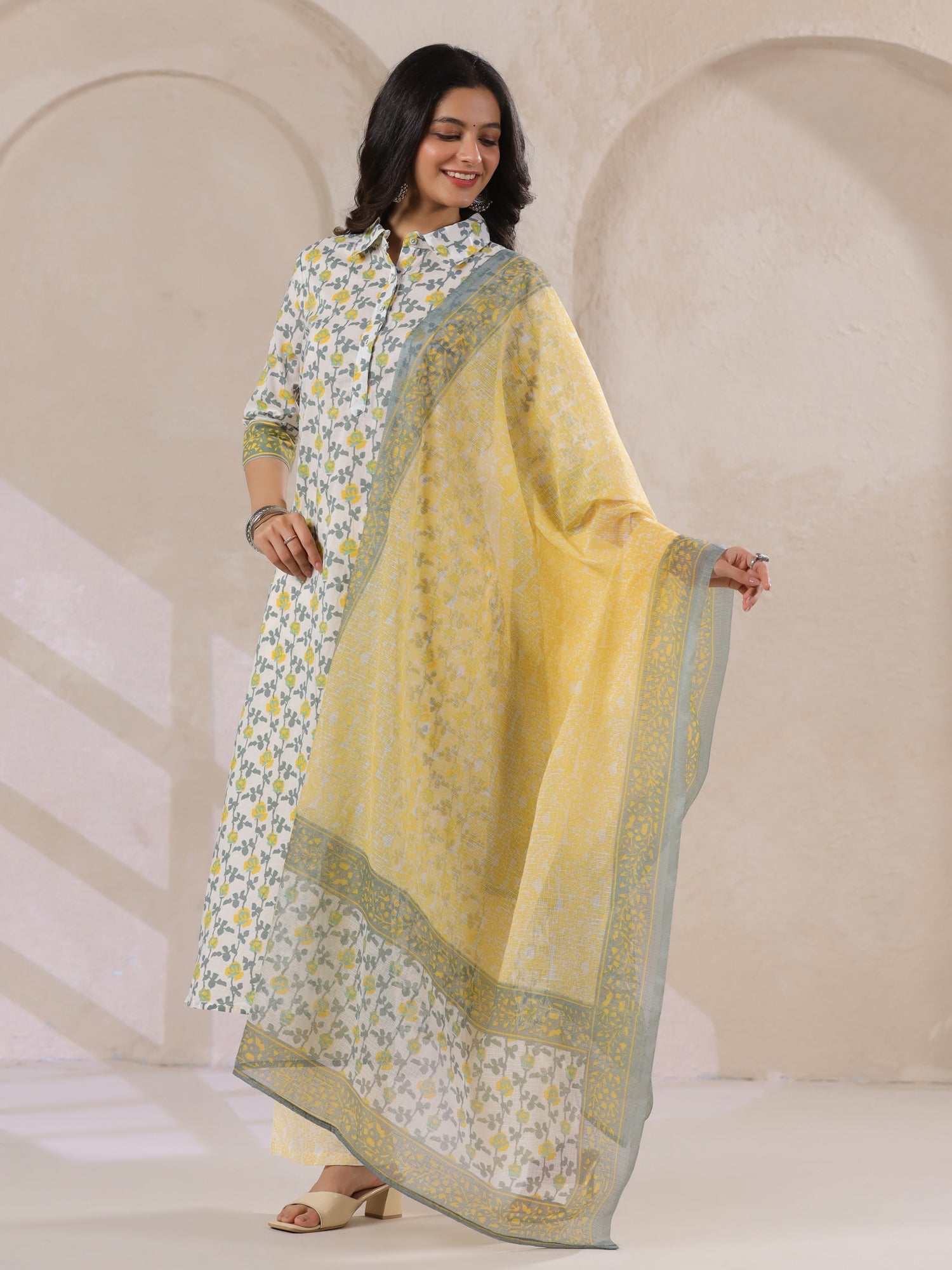 Off White Cotton Kurta Set Yellow Flower Printed With Dupatta - SanskrutiHomes