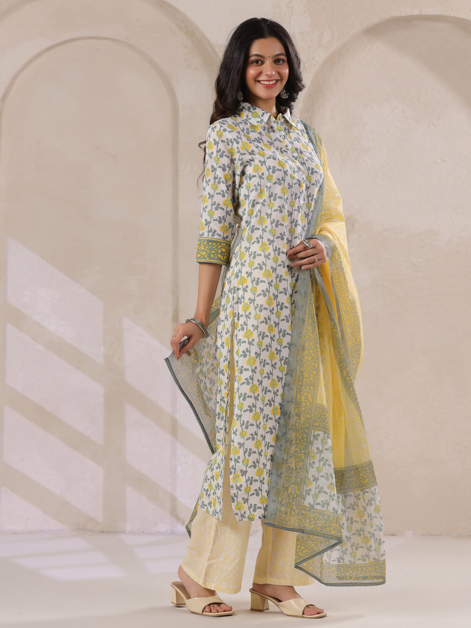 Off White Cotton Kurta Set Yellow Flower Printed With Dupatta