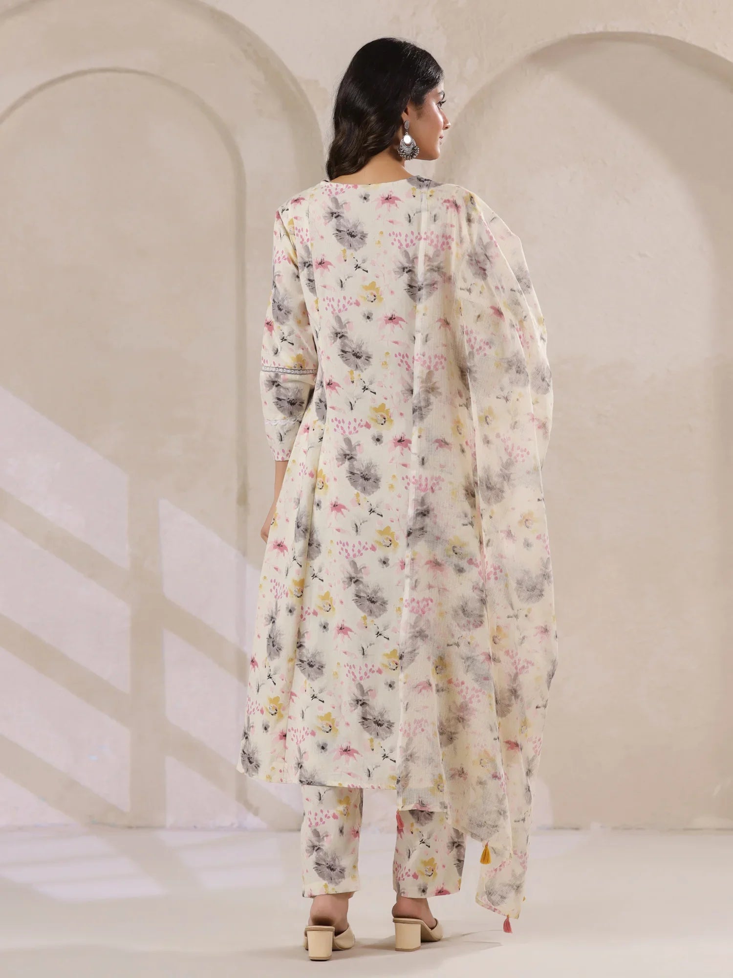 Off-White Cotton Floral Printed Anarkali Kurta with Dupatta Set - SanskrutiHomes