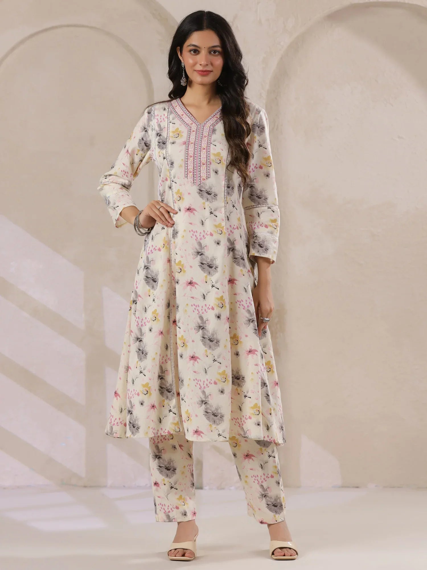 Off-White Cotton Floral Printed Anarkali Kurta with Dupatta Set - SanskrutiHomes