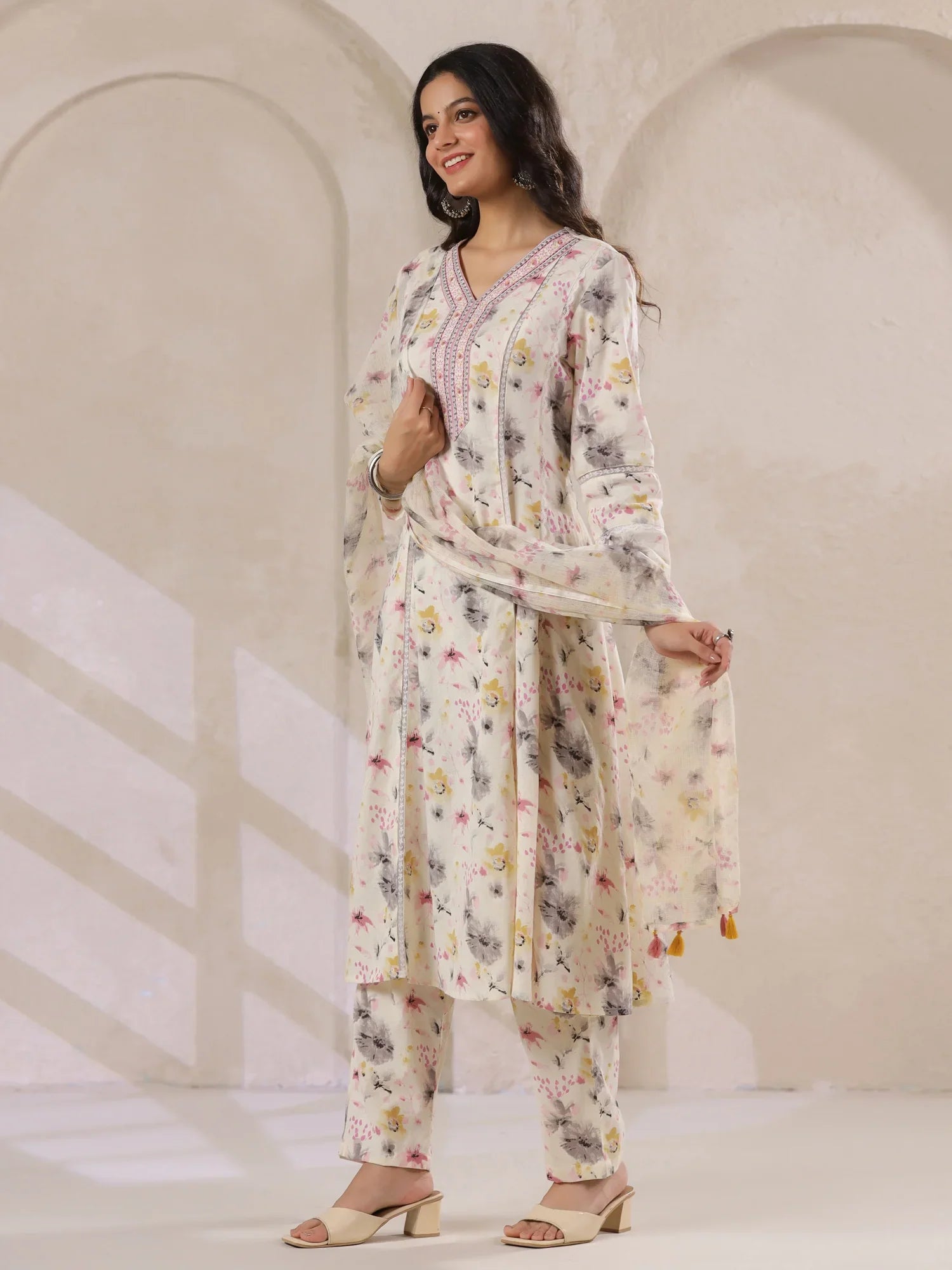 Off-White Cotton Floral Printed Anarkali Kurta with Dupatta Set - SanskrutiHomes