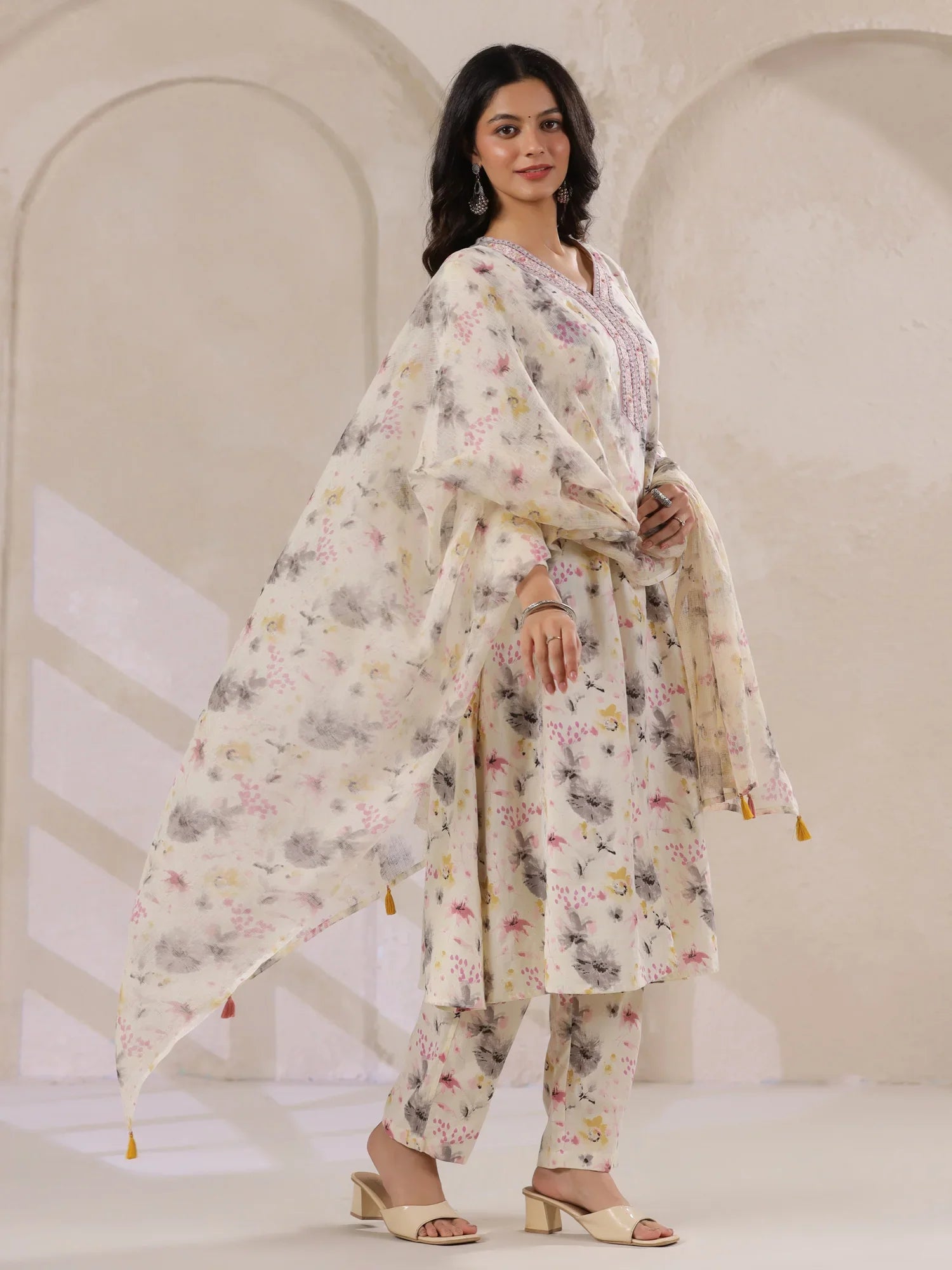 Off-White Cotton Floral Printed Anarkali Kurta with Dupatta Set - SanskrutiHomes