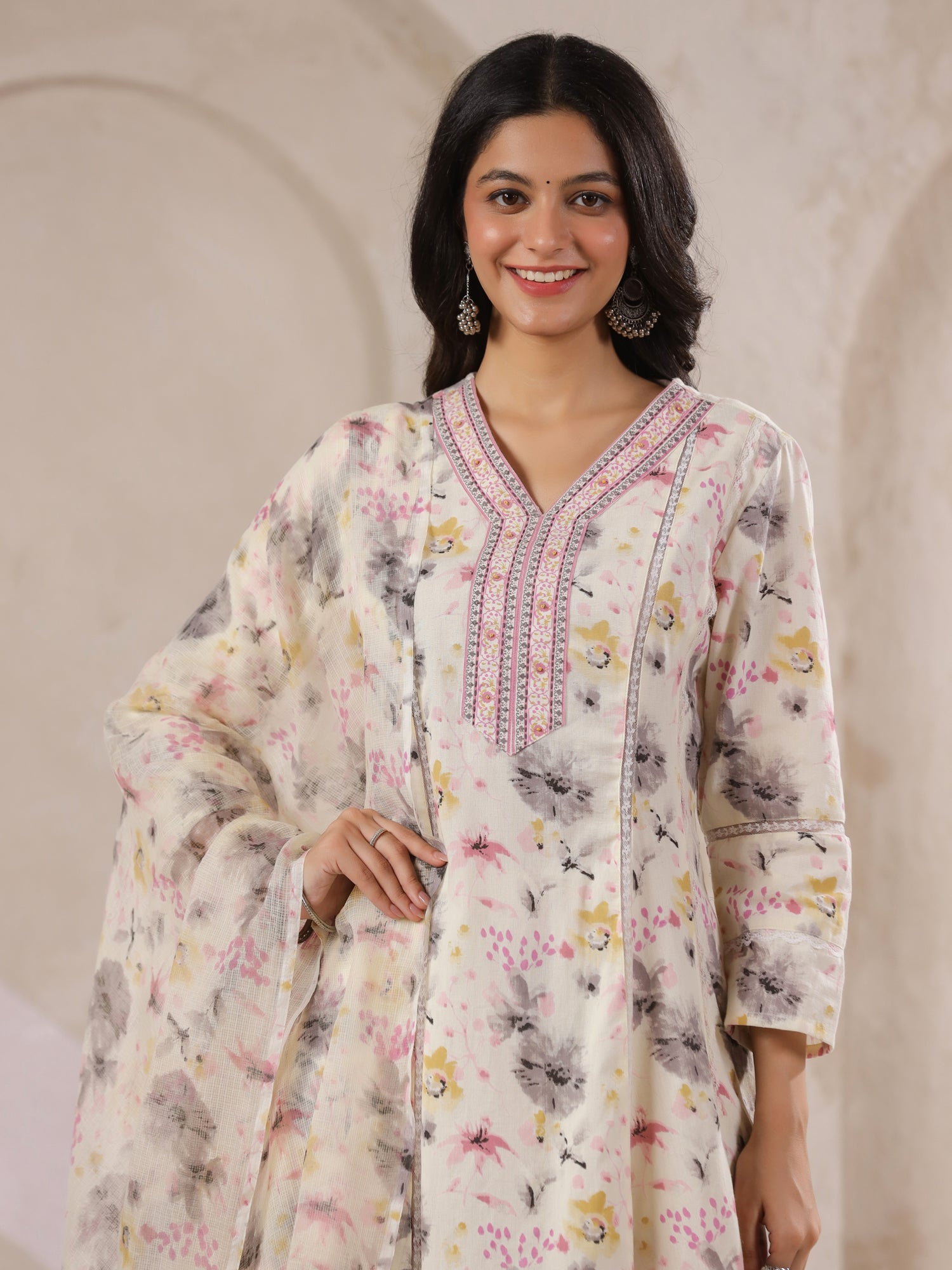Off-White Cotton Floral Printed Anarkali Kurta with Dupatta Set