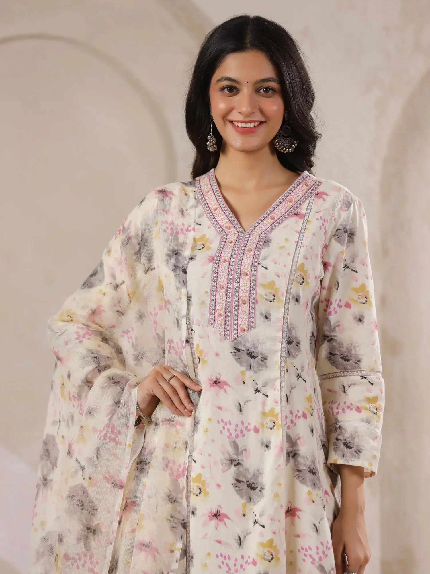 Off-White Cotton Floral Printed Anarkali Kurta with Dupatta Set - SanskrutiHomes