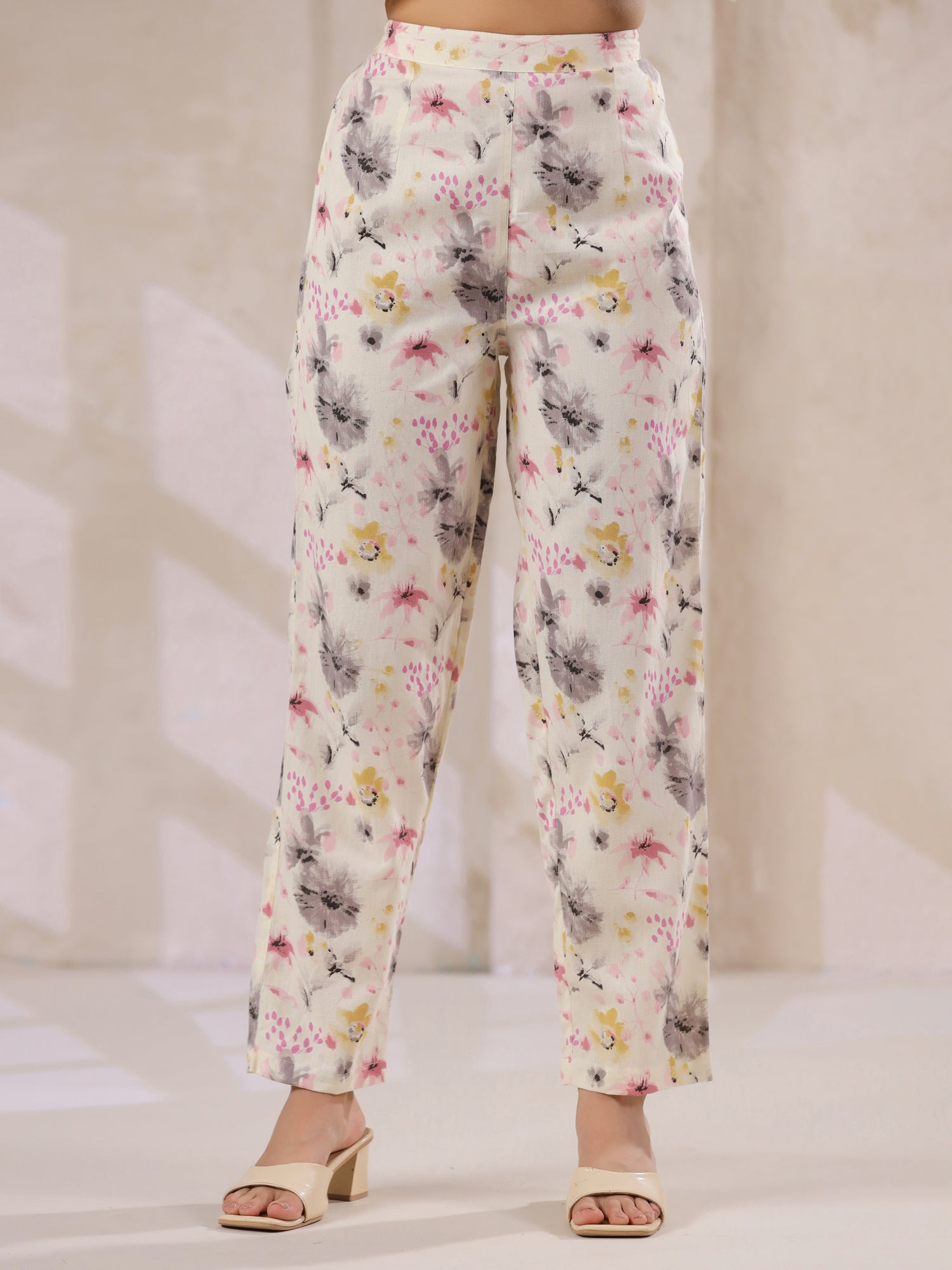 Off-White Cotton Floral Printed Anarkali Kurta with Dupatta Set