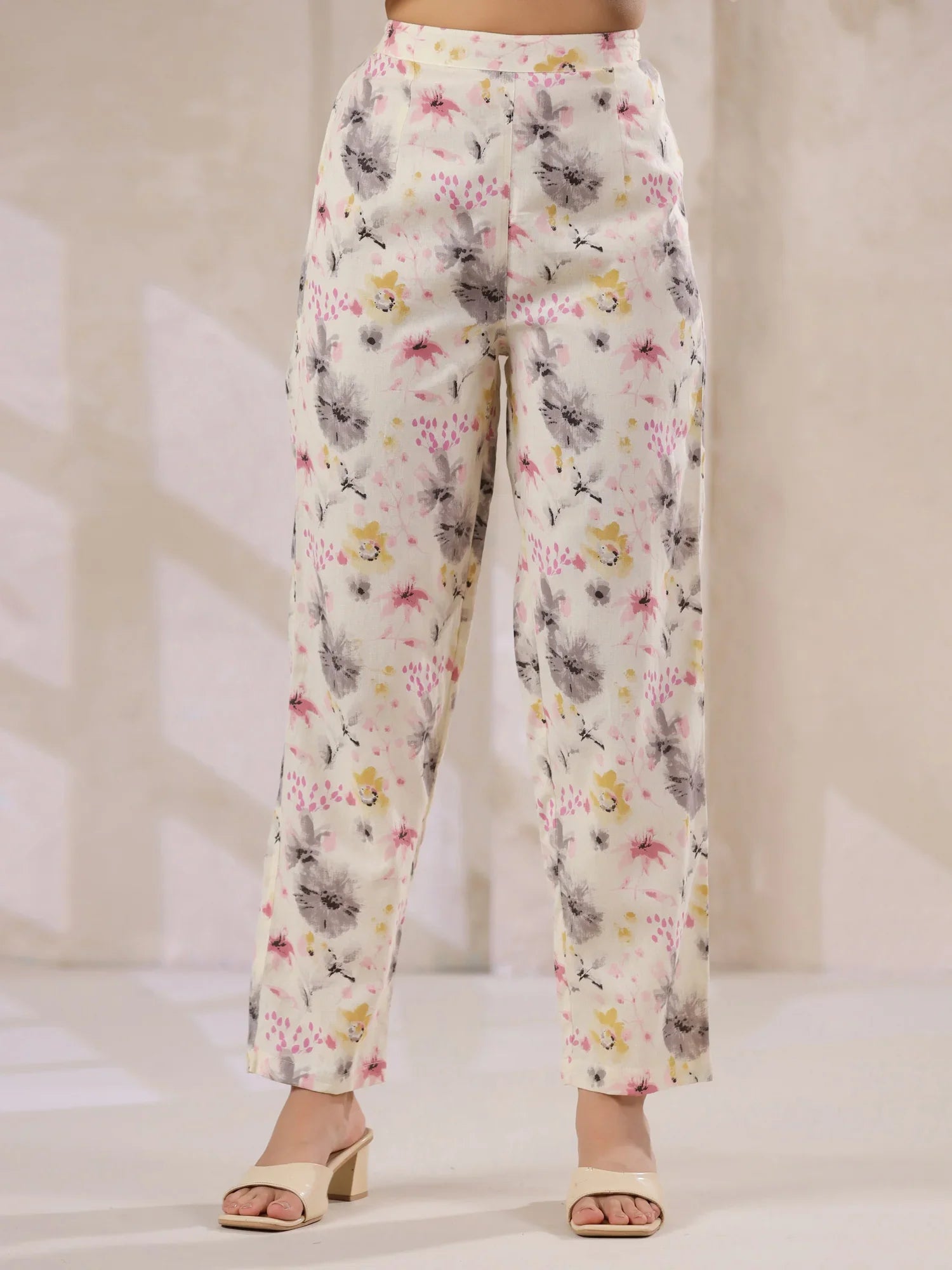 Off-White Cotton Floral Printed Anarkali Kurta with Dupatta Set - SanskrutiHomes