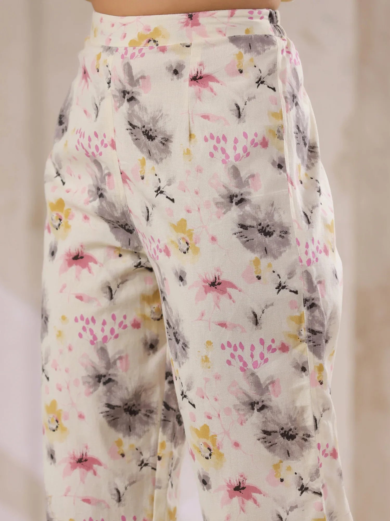 Off-White Cotton Floral Printed Anarkali Kurta with Dupatta Set - SanskrutiHomes