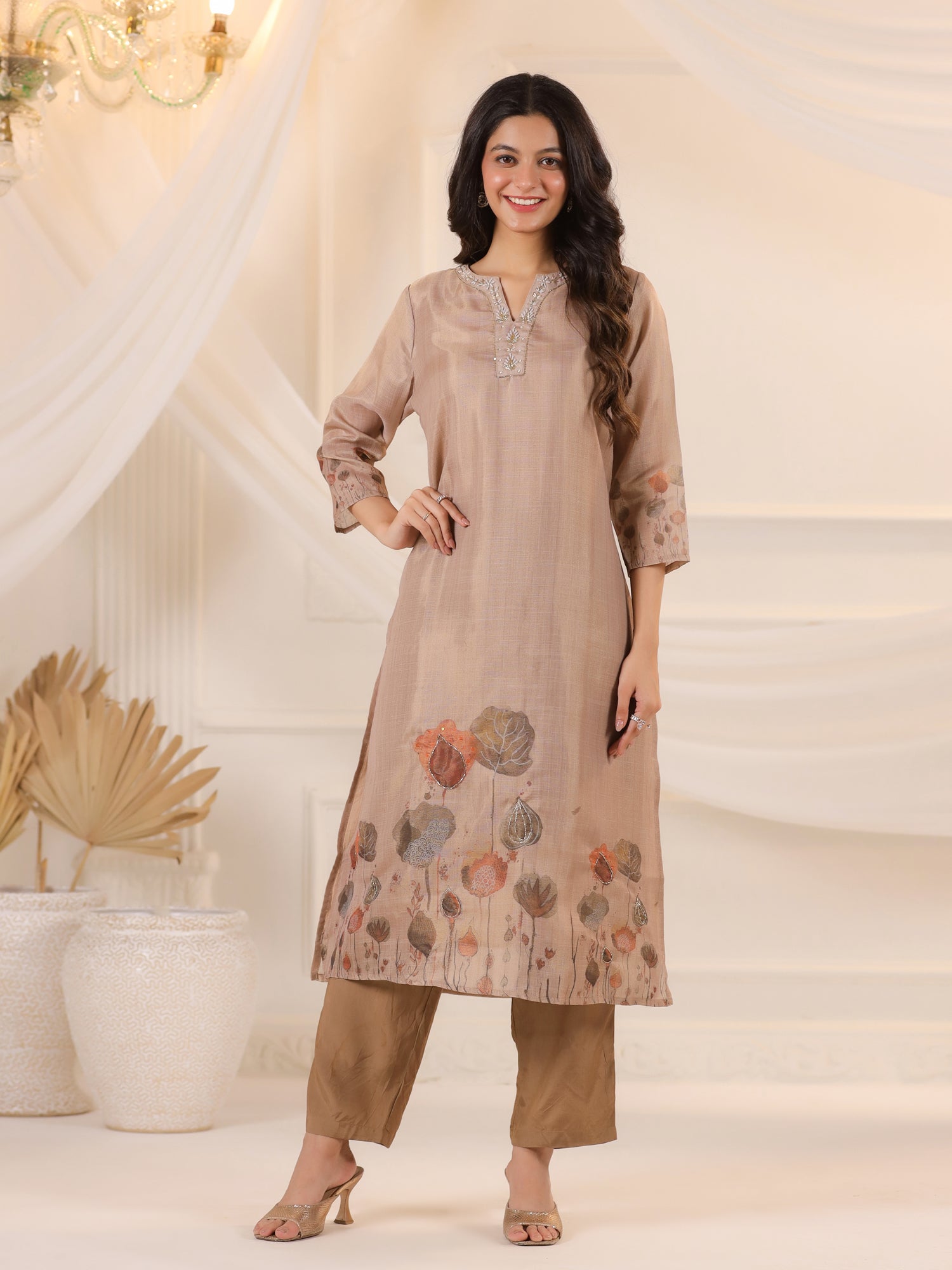 Brown Floral Printed Kurta Set With Dupatta for Women
