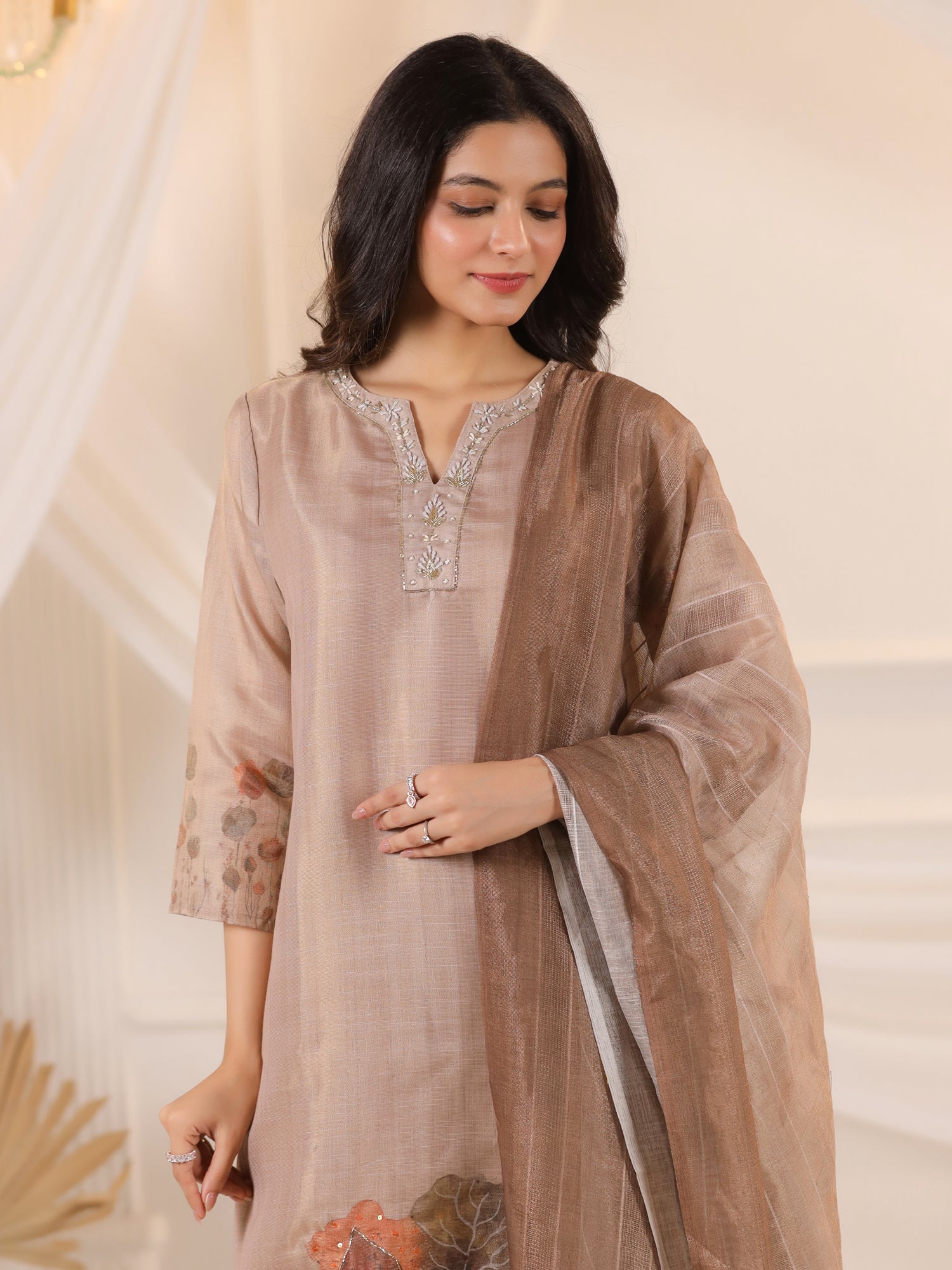 Brown Floral Printed Kurta Set With Dupatta for Women