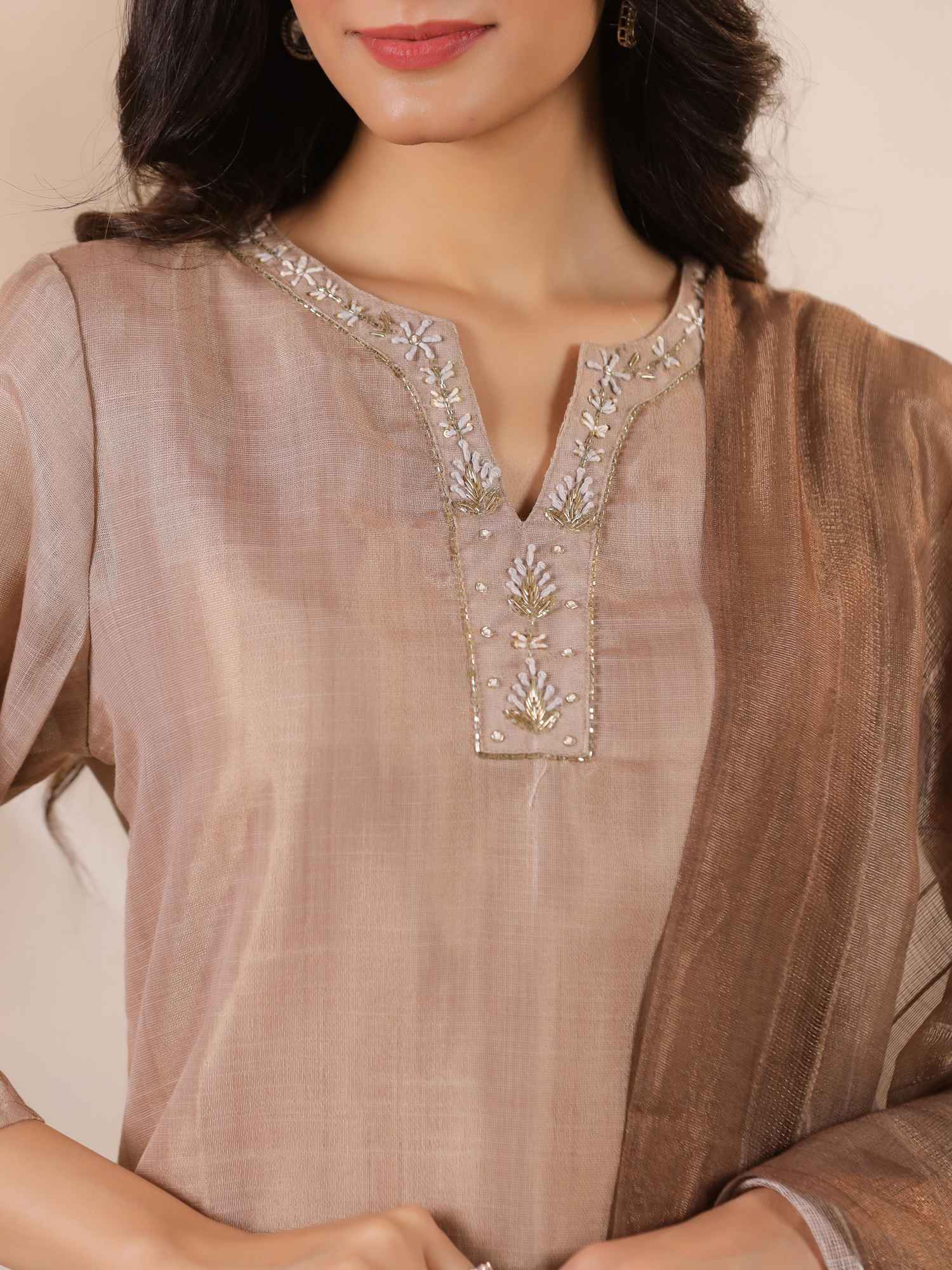 Brown Floral Printed Kurta Set With Dupatta for Women