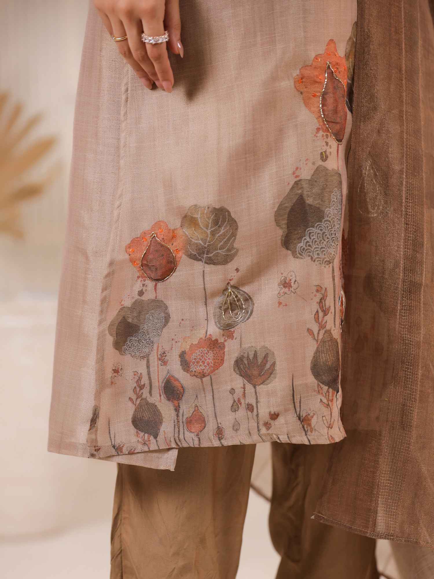 Brown Floral Printed Kurta Set With Dupatta for Women