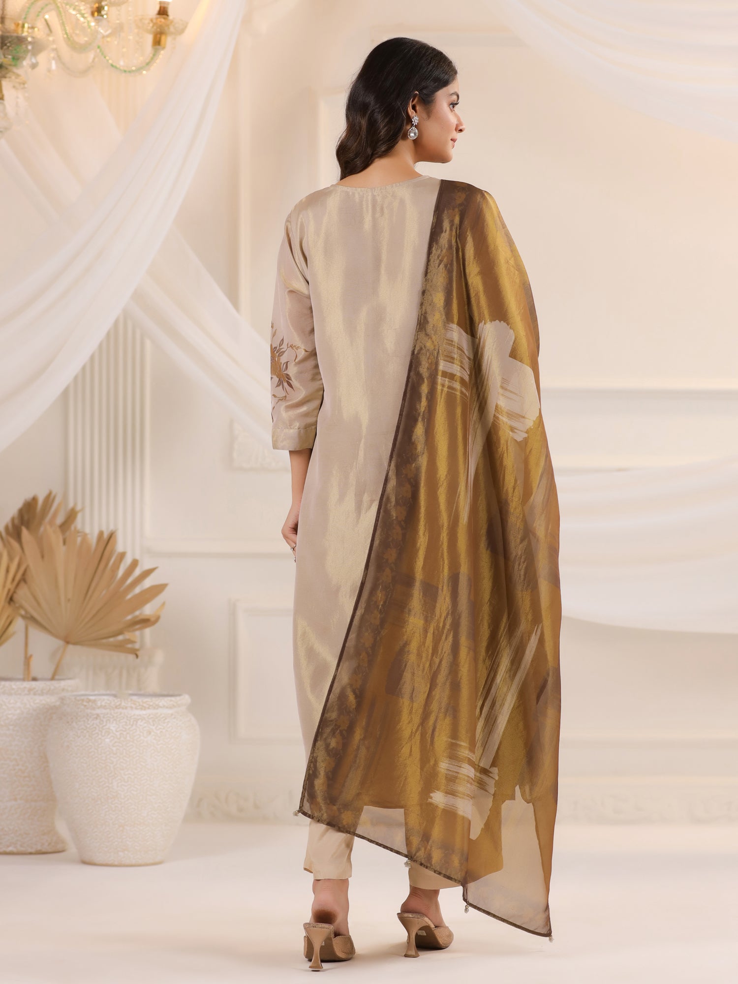 Cream V-Neck Floral Printed Tissue Kurta Set With Dupatta