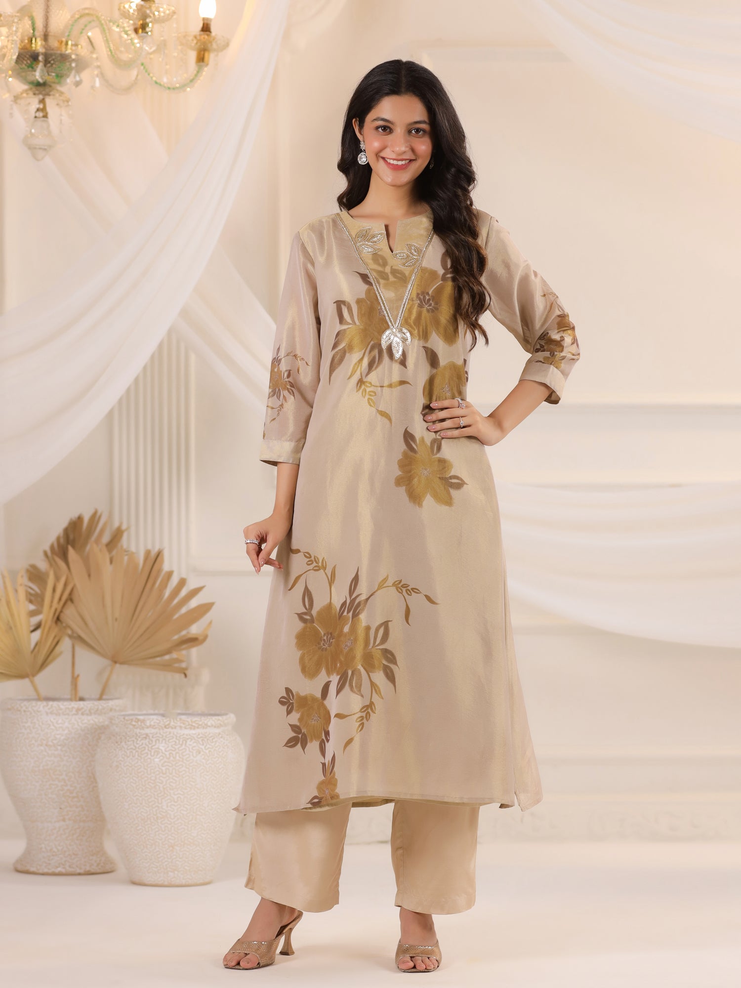 Cream V-Neck Floral Printed Tissue Kurta Set With Dupatta