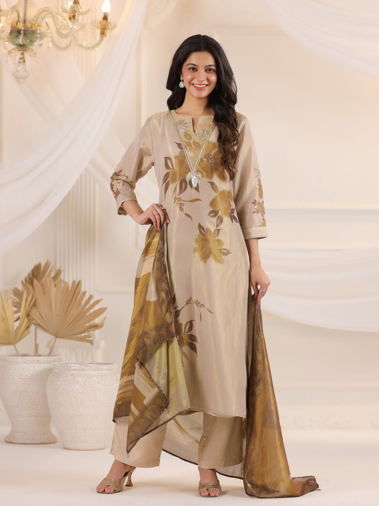 Cream V-Neck Floral Printed Tissue Kurta Set With Dupatta