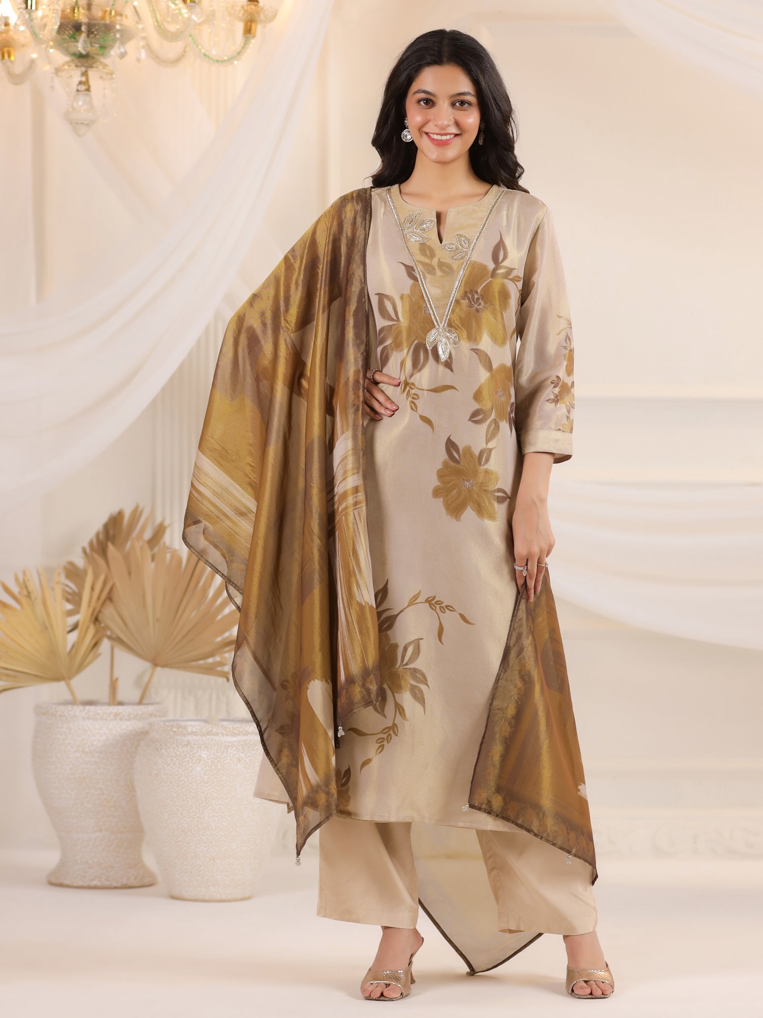 Cream V-Neck Floral Printed Tissue Kurta Set With Dupatta