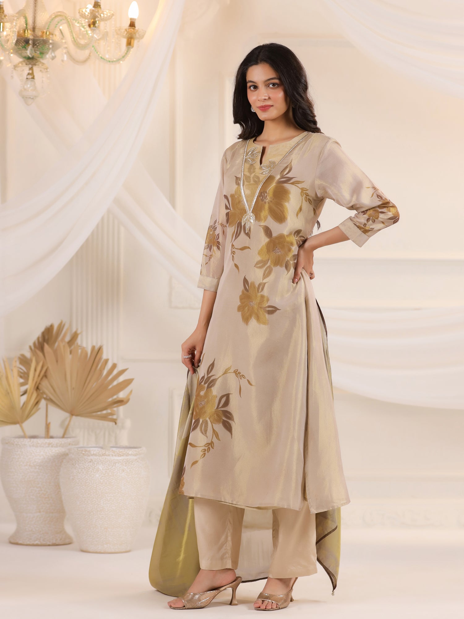 Cream V-Neck Floral Printed Tissue Kurta Set With Dupatta