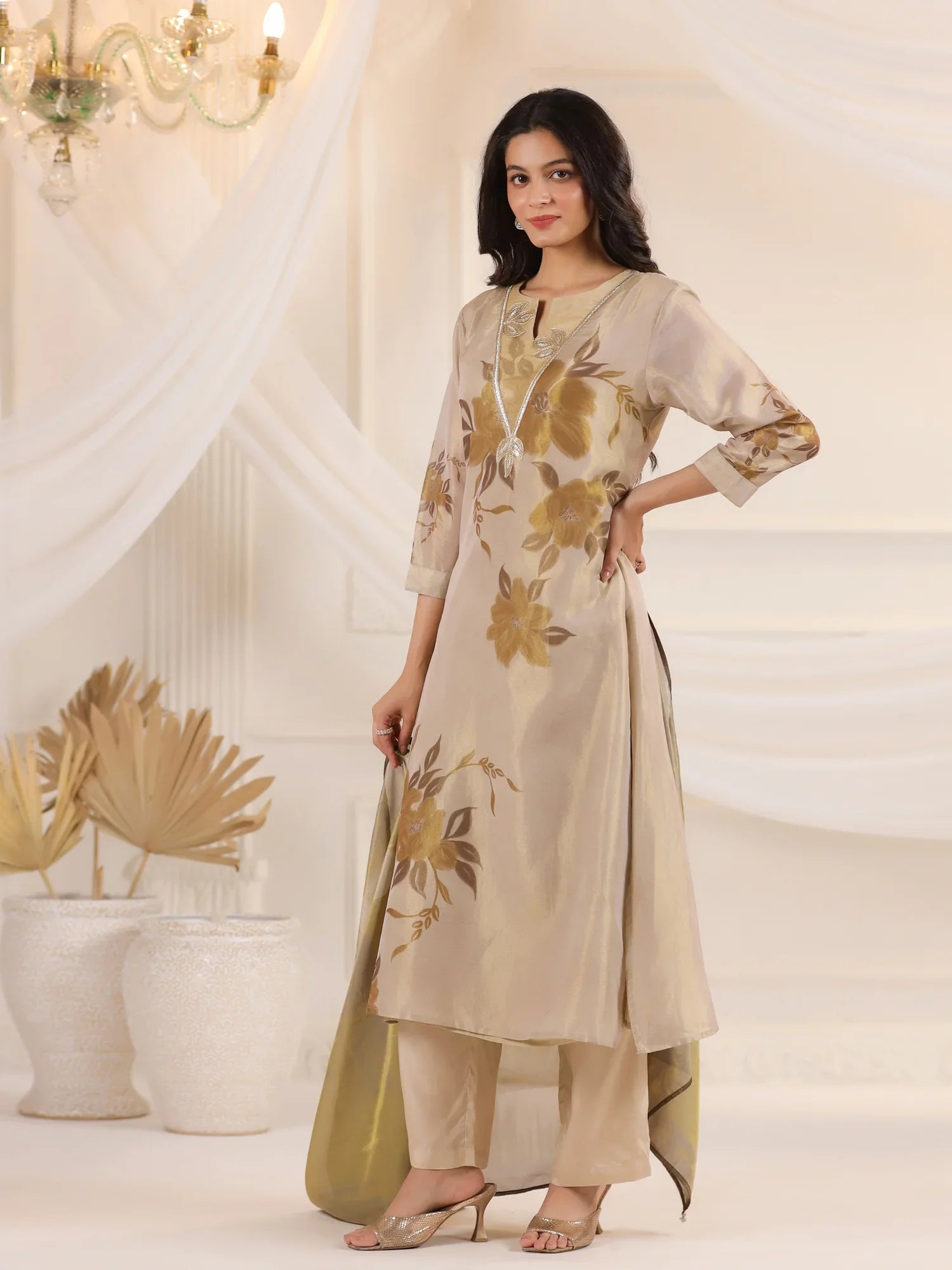 Cream V-Neck Floral Printed Tissue Kurta Set With Dupatta - SanskrutiHomes