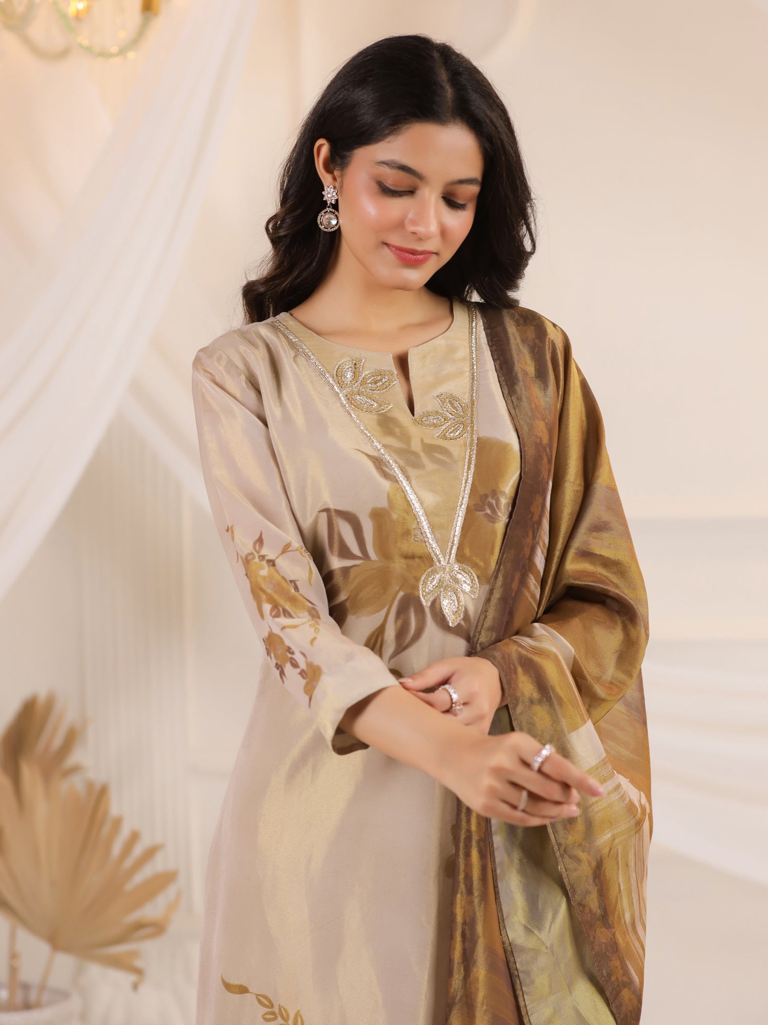 Cream V-Neck Floral Printed Tissue Kurta Set With Dupatta