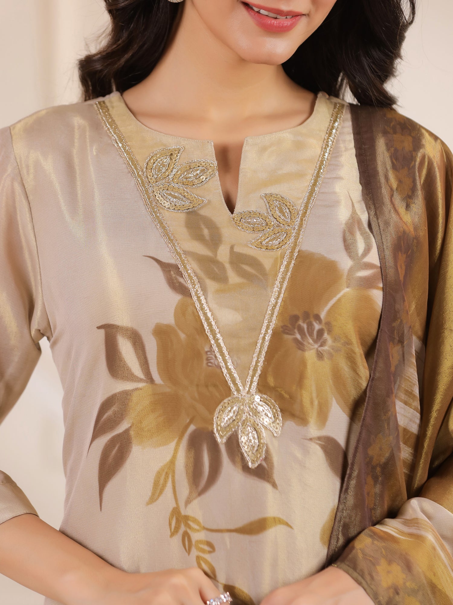 Cream V-Neck Floral Printed Tissue Kurta Set With Dupatta