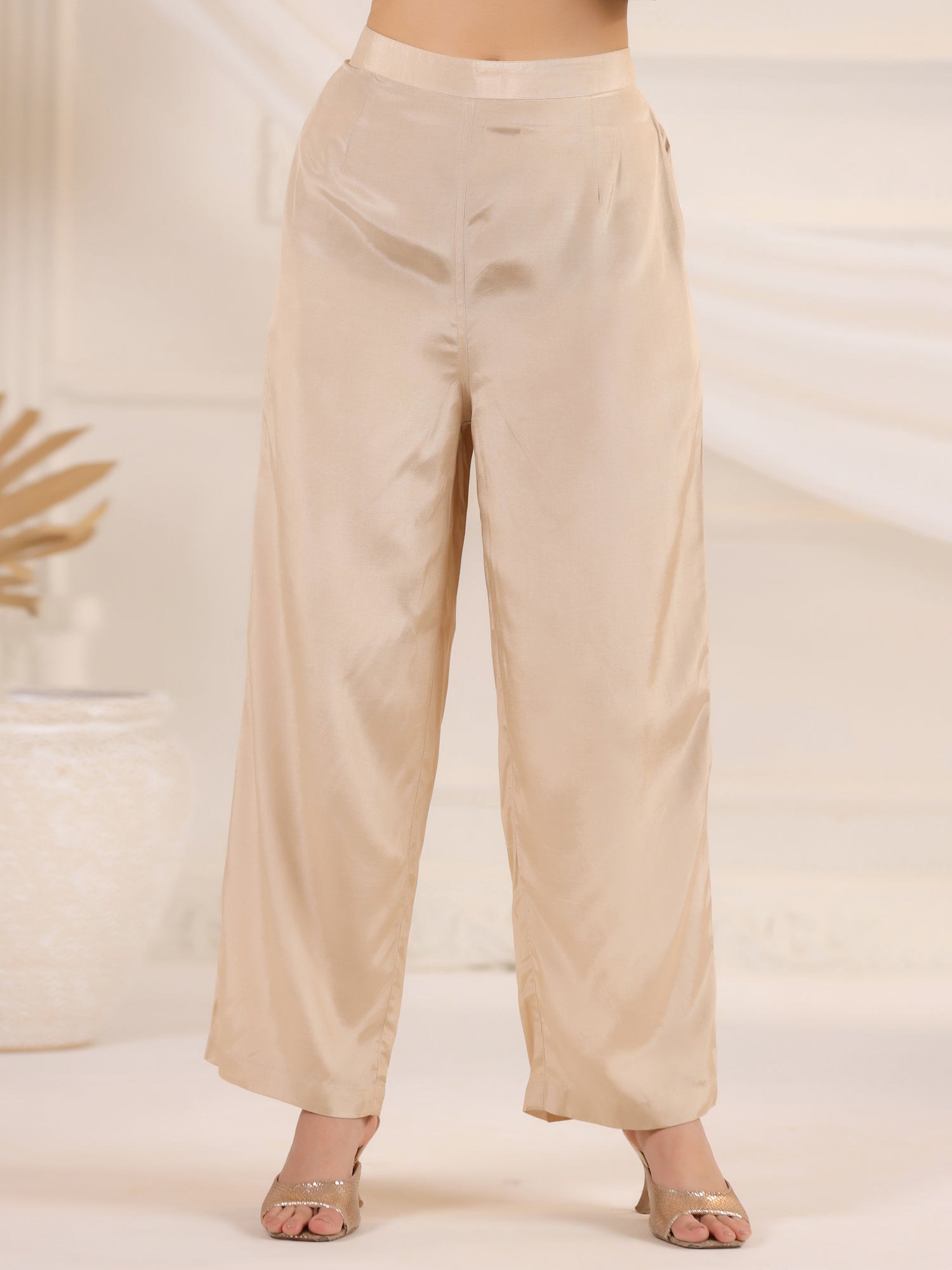 Cream V-Neck Floral Printed Tissue Kurta Set With Dupatta