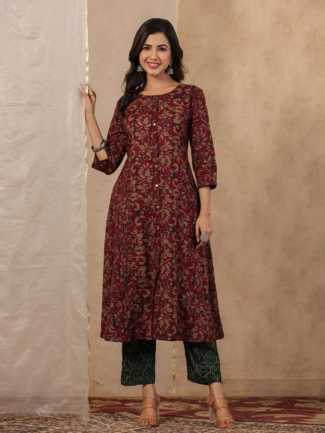 Rang Deep Red & Green Print Cotton Set of Kurti With Pant & Dupatta - SanskrutiHomes